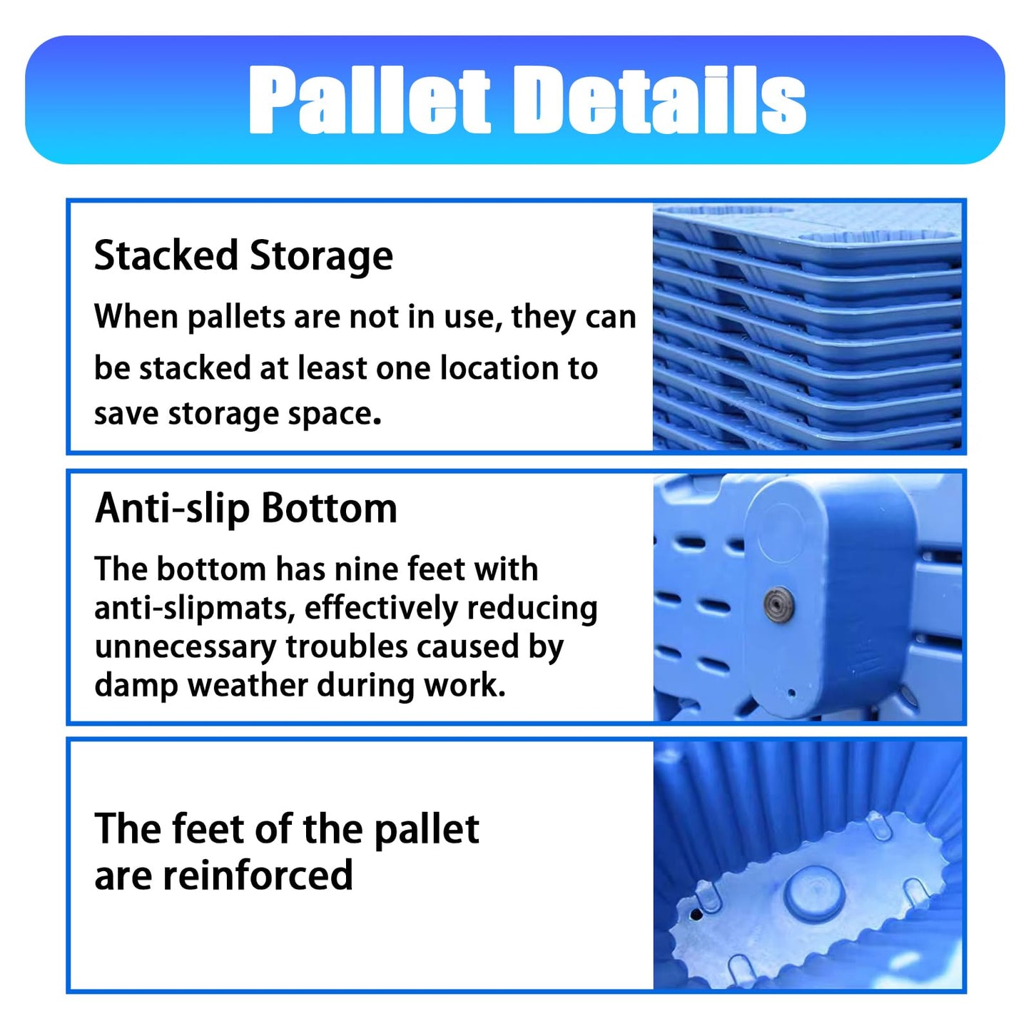 Heavy Duty Storage Plastic Pallets for Outdoor & Industrial Use, 3-Pack 48x40 Inch, 3300lb Dynamic & 6600lb Static Load Capacity, Blue