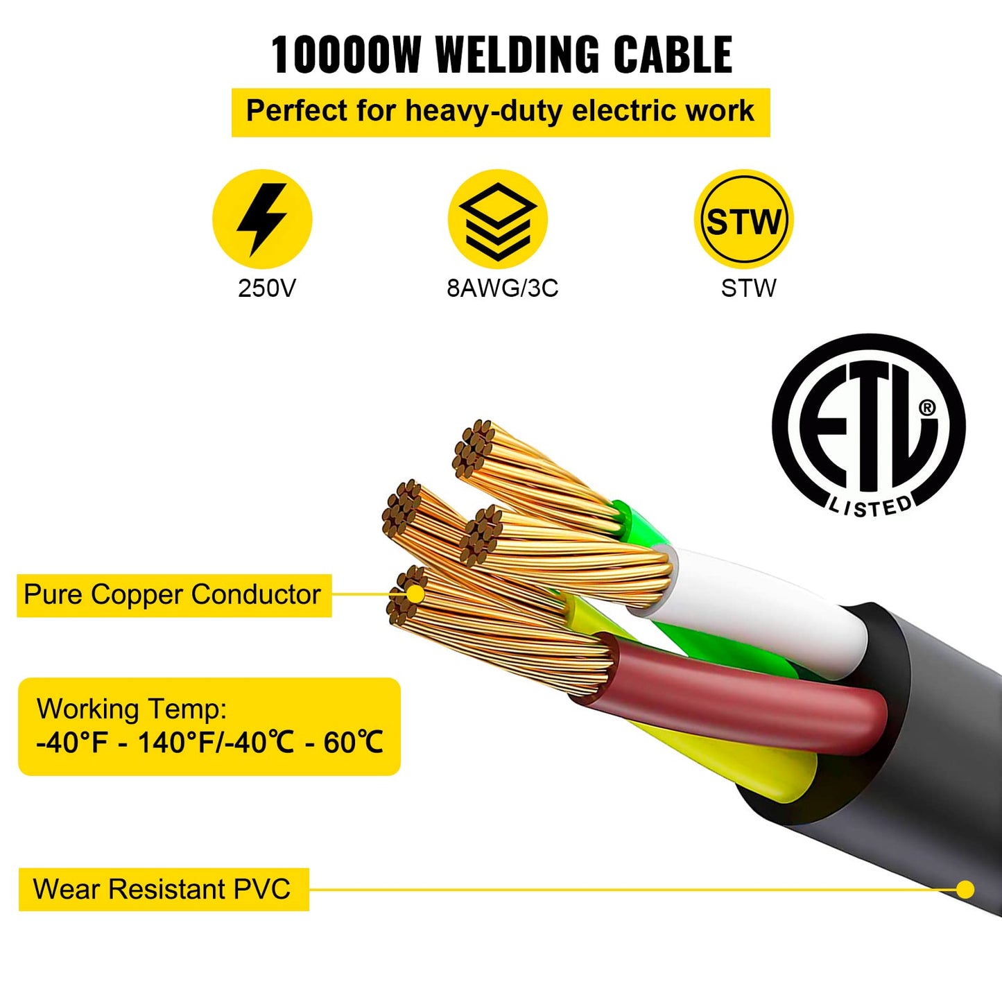 VEVOR 50FT Welder Extension Cord 40 Amp 250V 10 Gauge, NEMA 6-50 3 Prong, STW 10/3 AWG Heavy Duty Welding Power Cord for MIG/TIG/Plasma/Lincoln/Miller
