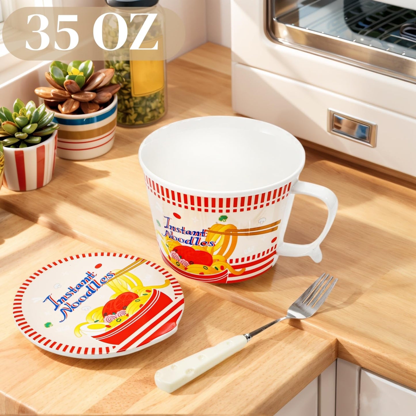 Pumtus Ceramic Ramen Bowl with Lid, 35 OZ Large Japanese Instant Noodle Cup with Fork & Handle, Cute Deep Soup Mug Set, Cereal Porridge Tableware for Home Office Dorm, Microwave & Dishwasher Safe