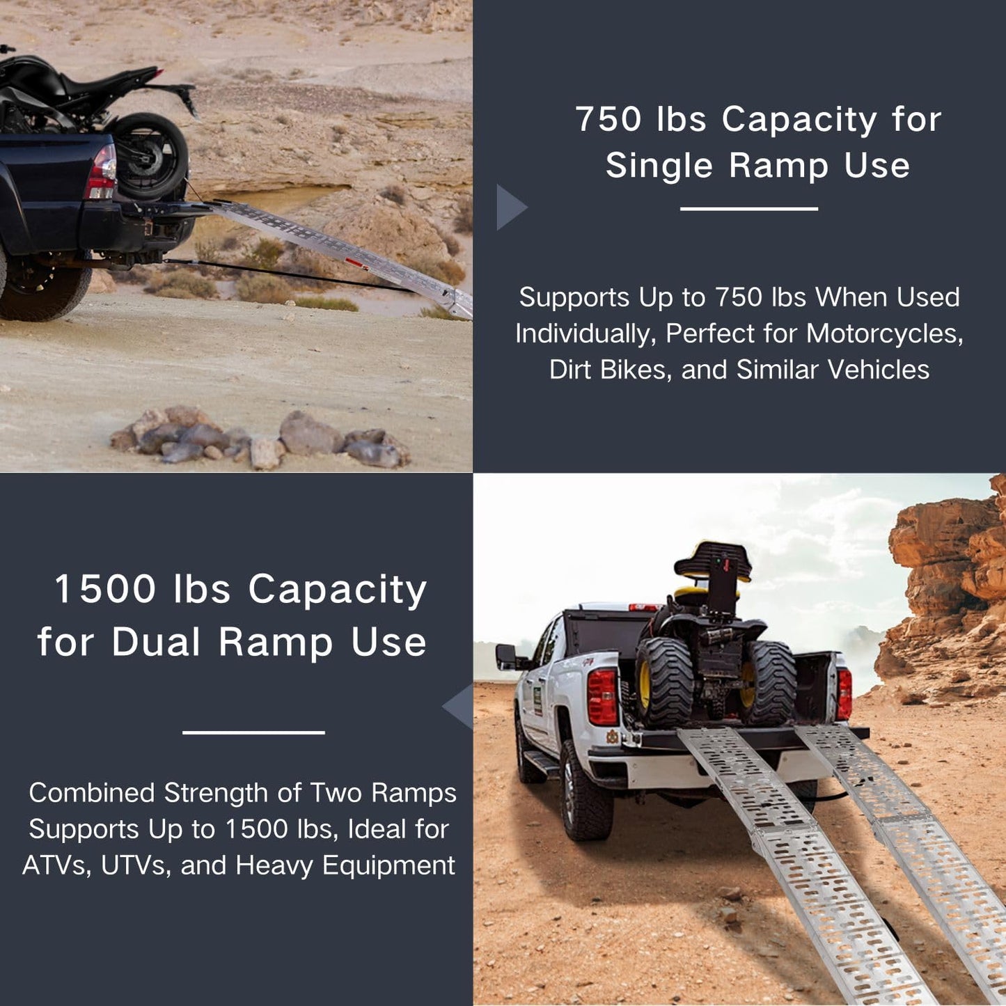 Aluminum Motorcycle Ramp with Handle – 750 Lbs Capacity, 7.5ft Folding Ramp with Load Straps for Pickup Trucks, Dirt Bikes, Motorcycles | 89" L x 12" W | 1 Pc