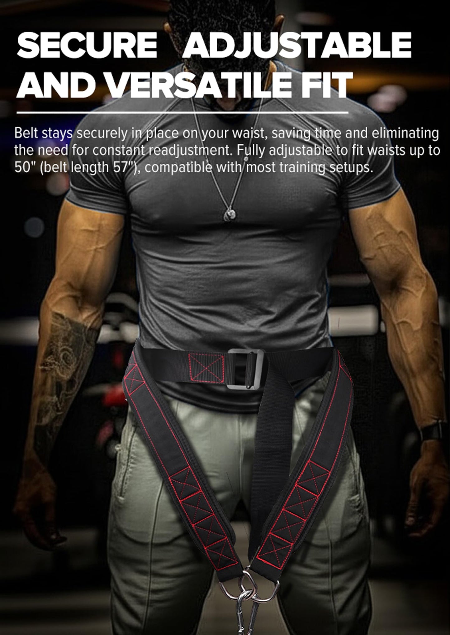 Belt for Belt Squat Dip Belt Weighted Pull Up, Heavy Duty with Structured Back Support and Squat Machine Compatible (Black&Red)