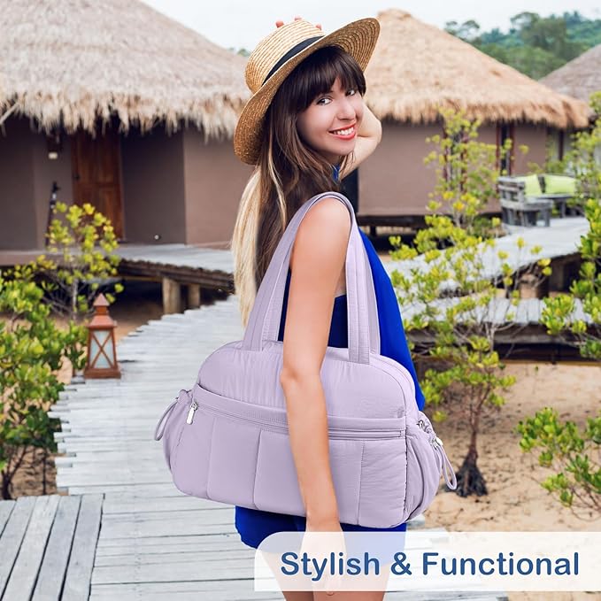 TOPDesign Travel Duffel Bag for Women, Puffer Gym Bag Sports Tote with Wet Pocket, Carry On Weekender with Luggage Sleeve (Light Purple)