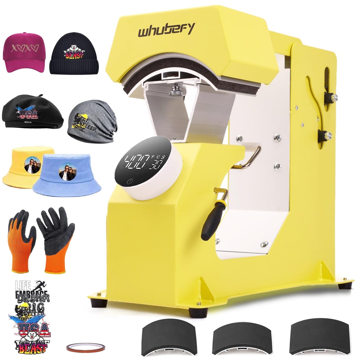 Whubefy 3-in-1 Auto Hat Heat Press Machine for Caps w/3pcs Interchangeable Platens, Automatic Release & Press, Knob-Style Digital Control for Hats T-Shirts Bags HTV and Sublimation Projects