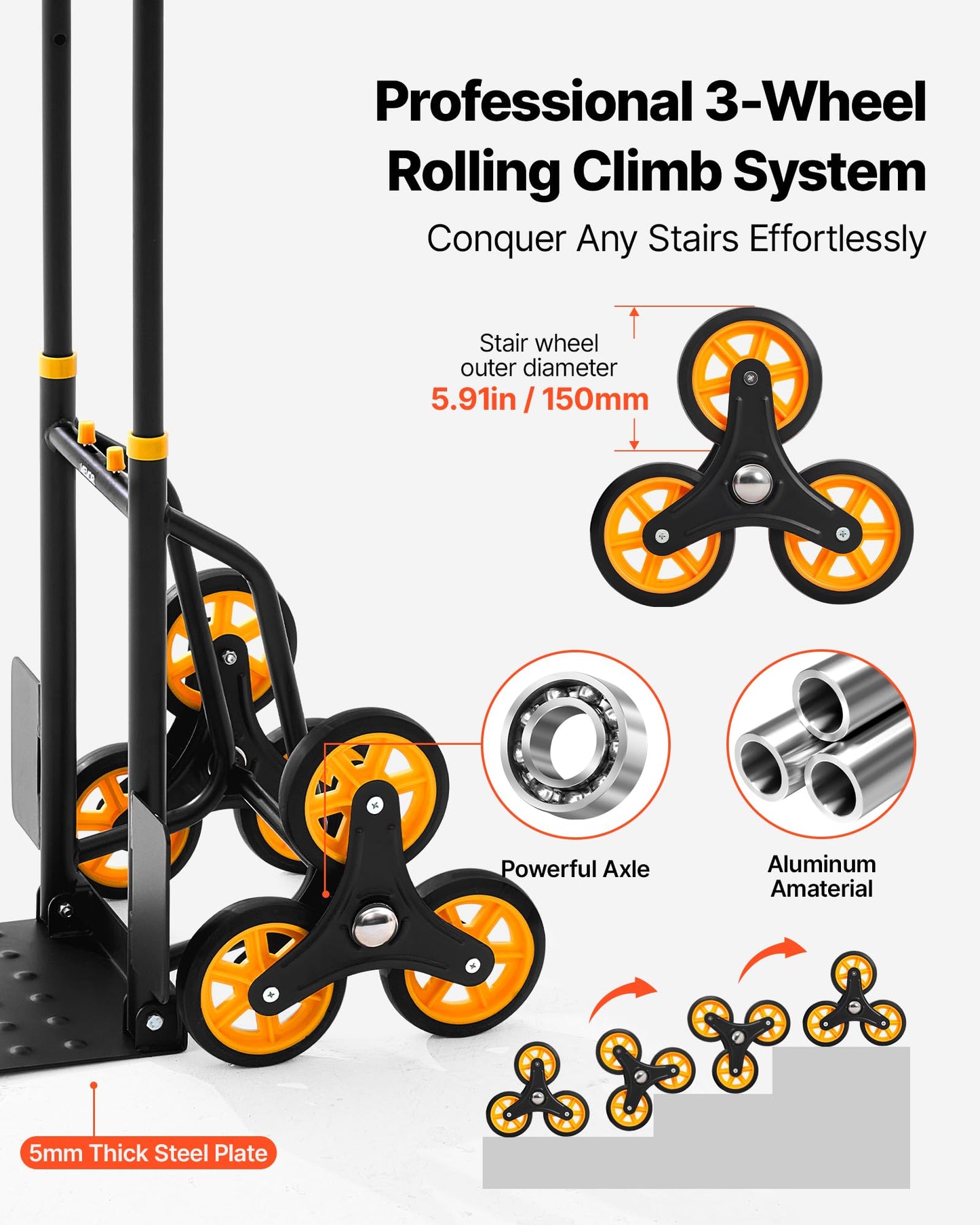 VEVOR Stair Climbing Cart 440 lbs, 330 lbs Stair-Climbing Capacity, Heavy-Duty Folding Trolley Cart with Telescoping Handle, 6 Wheels and 2 Bungee Cords for Home, Groceries, Warehouse