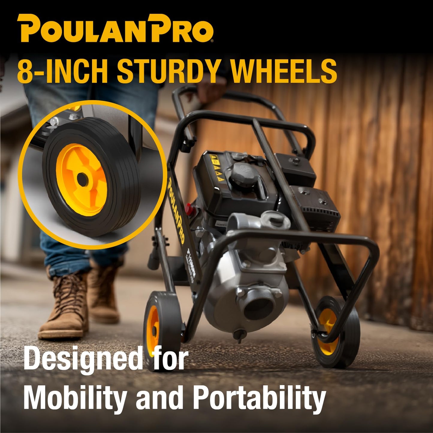 Poulan Pro Semi Trash Pump 3 Inch, 6HP 212cc 4-cycle Engine, 238GPM, 100ft Lift, 23ft Suction, Gas Powered Water Pump with Wheels & Handle for Pond, Sewage, and Pool (3 inch)