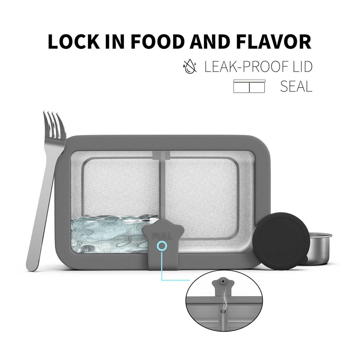 Bakpoco Stainless Steel Bento Box for Adult, 42oz Leak-Proof Metal Lunch Box Containers with Adjustable Divider, Microwave-Safe, Lunchbox with Glass Lid for Work Travel, Silver