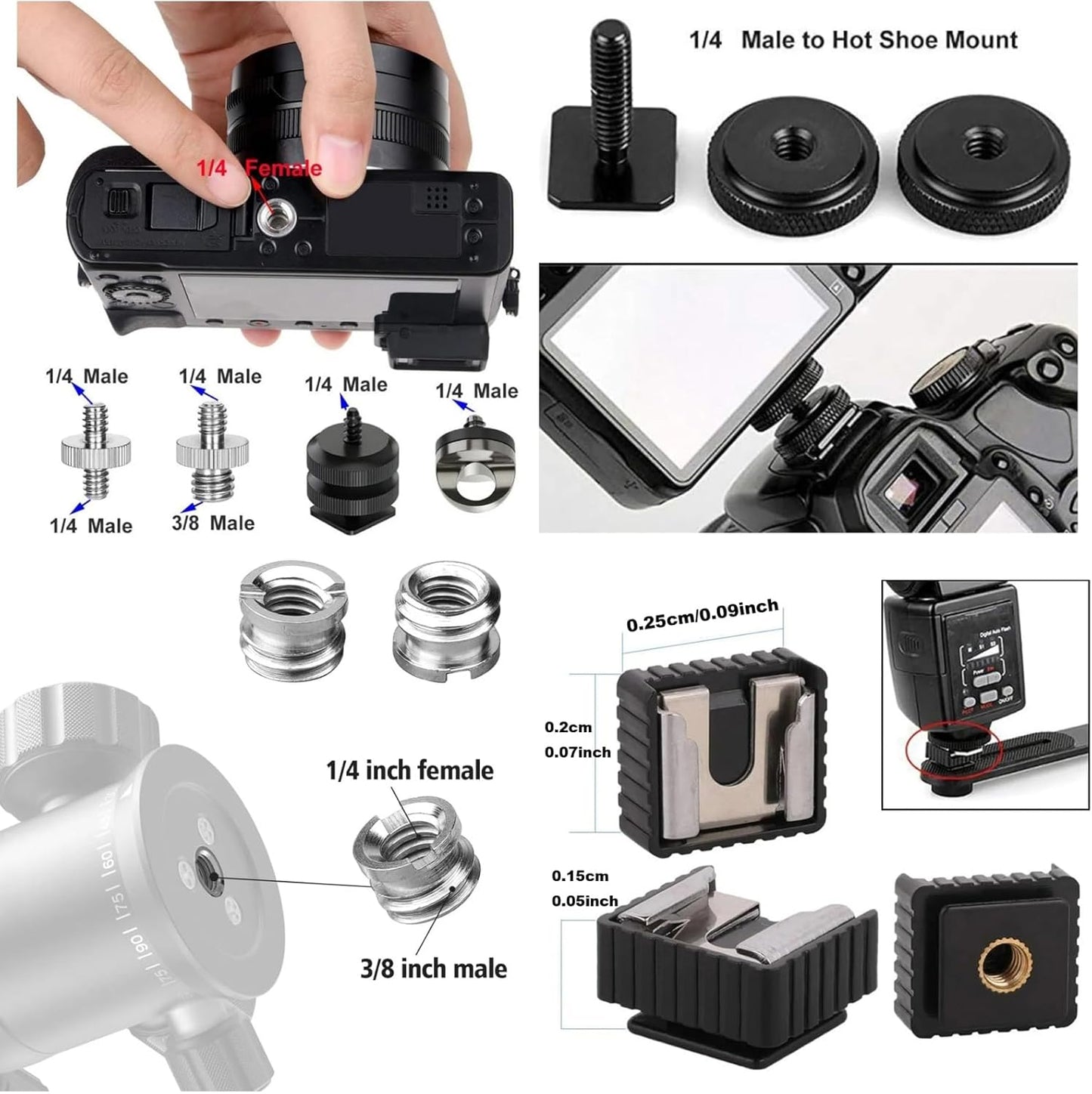 30Pack 1/4 3/8 Inch 1/4" Camera Tripod Screw Mount Kit to Adapter Threaded Converter Swivel Ball Head and Hot Shoe E