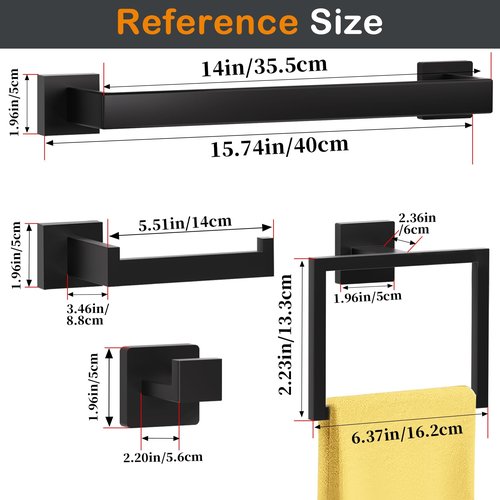 10 Pieces Bathroom Hardware Accessories Set Matte Black, 16Inch Bathroom Towel Rack Set SUS304 Stainless Steel, Square Bath Towel bar Set Heavy Duty, Wall Mounted