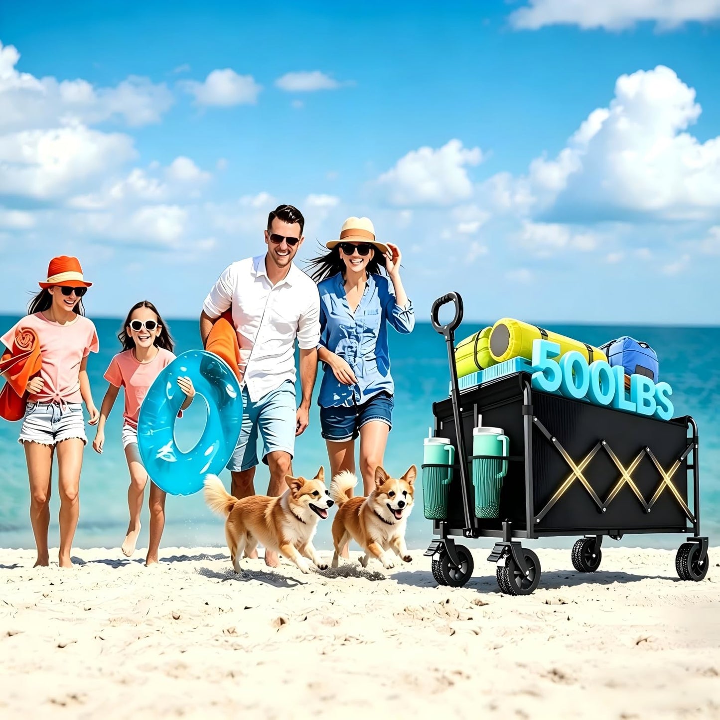 Wagons Carts Foldable Collapsible Foldable Extended Wagon with Brakes, 500lbs Weight Capacity, Heavy Duty Folding Utility Garden Cart with Big All-Terrain Beach Wheels & Drink Holders