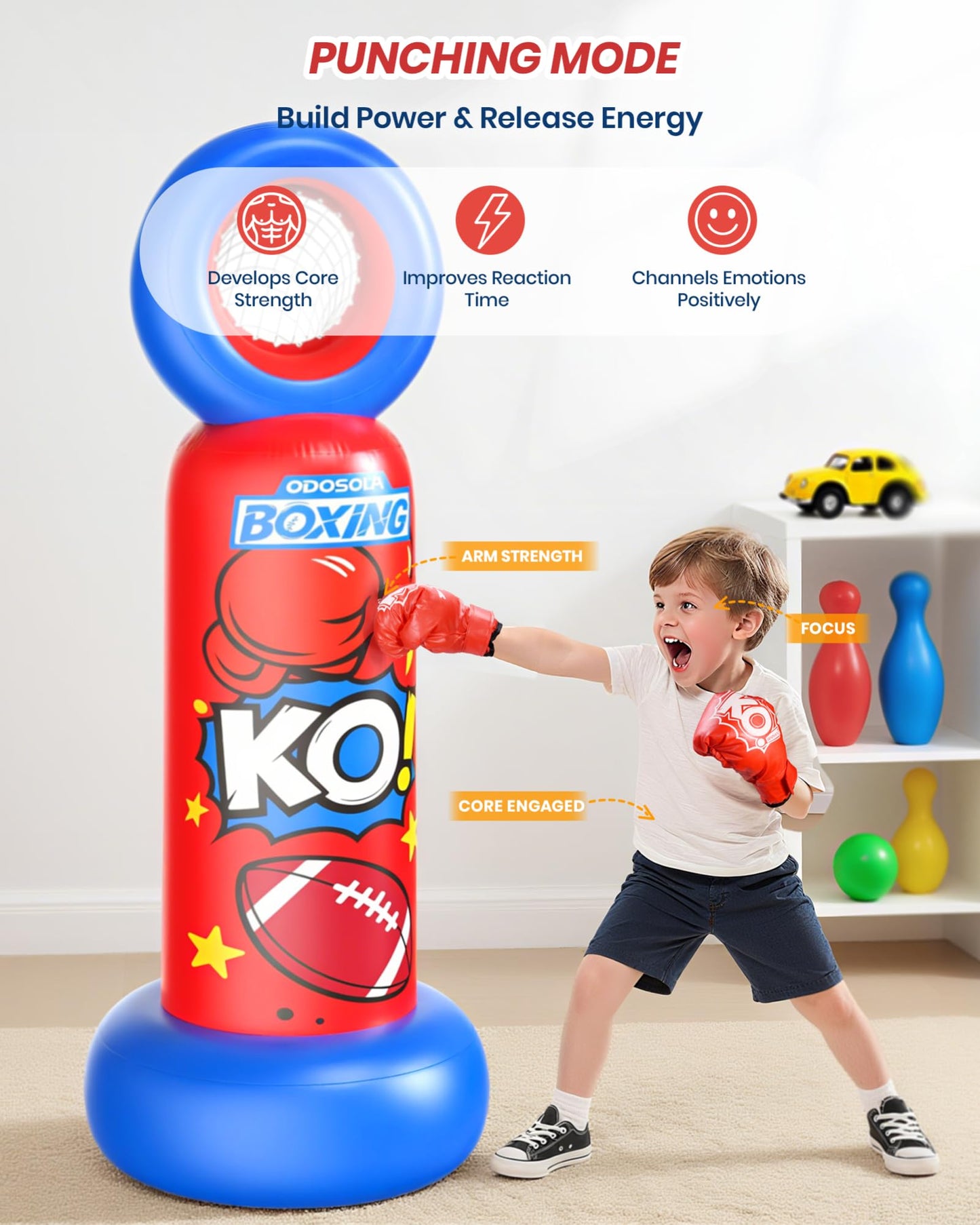 ODOSOLA Inflatable Punching Bag for Kids, 2-in-1 Freestanding Boxing Bag with Football Toss Game, 68.8'' Heavy Duty Karate Taekwondo Toy for Boys Girls Ages 3-12, Birthday Xmas Gift Ideas