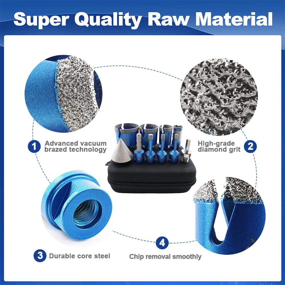 Diamond Core Drill Bit Set - BRSCHNITT 10pcs Tile Hole Saw Kit Diamond for Porcelain Tile Ceramic Marble Granite Drilling,Finger Chamfer Bit