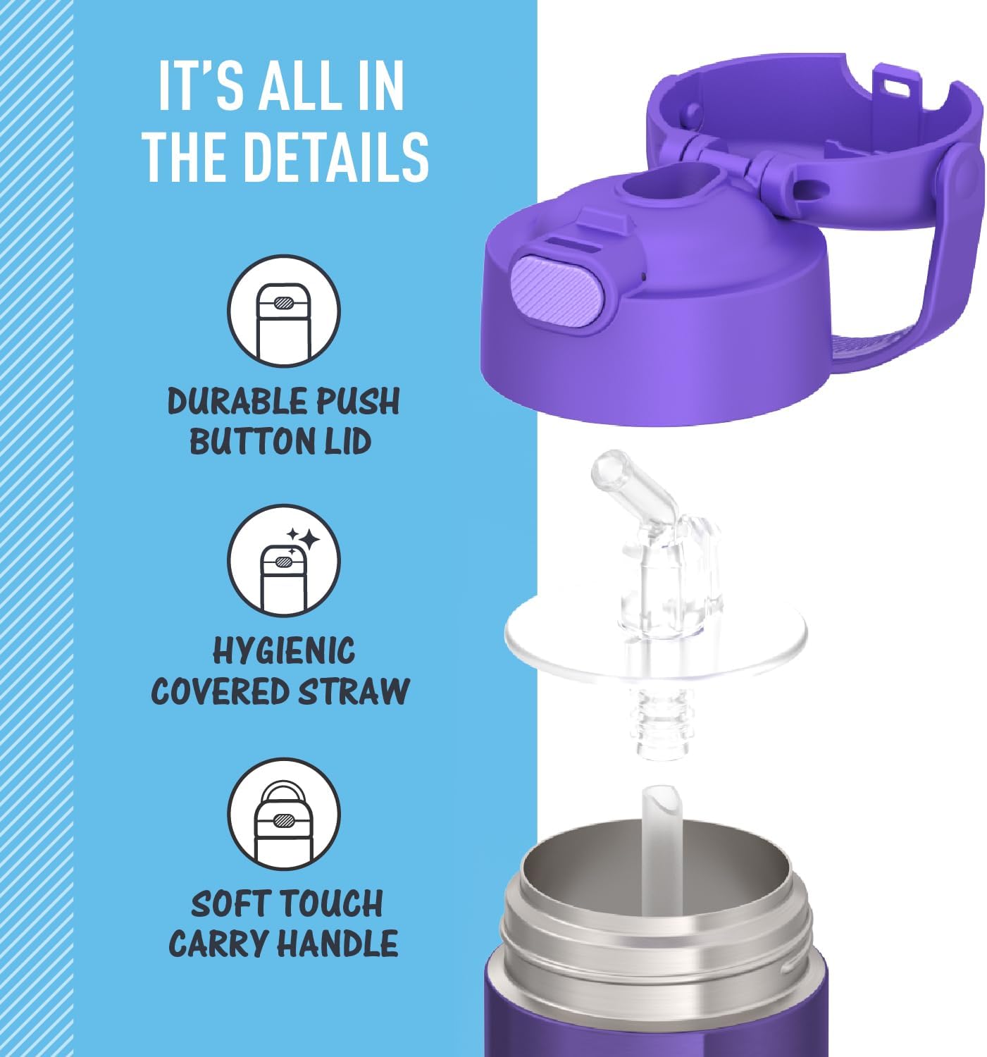 THERMOS FUNTAINER Water Bottle - 12 Ounce Kids Stainless Steel Vacuum Insulated with Straw - Violet