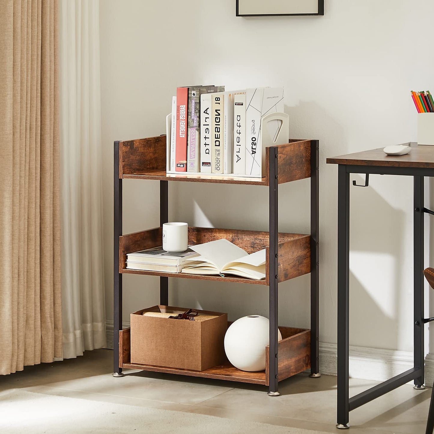 VECELO Bookshelf,Small Bookcase,3-Tier Storage Organizer,Industrial Shelving Unit for Home Office,Living Room,Dormitory,30" H,Retro Brown