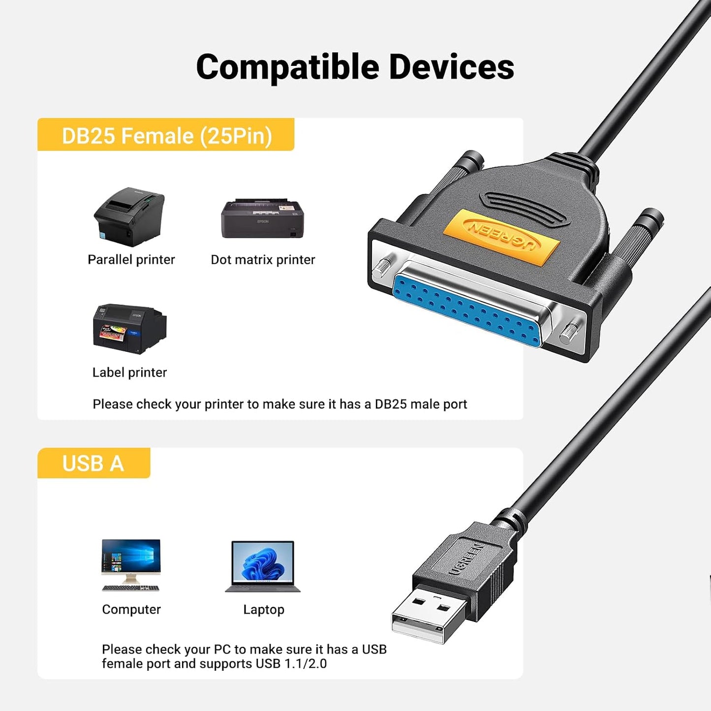 DB25 (25 6FT DB25 1284 11/10/8/7/macOS10.4 13 UGREEN USB Male to Female Parallel Pin) Printer Cable Adapter, Connector