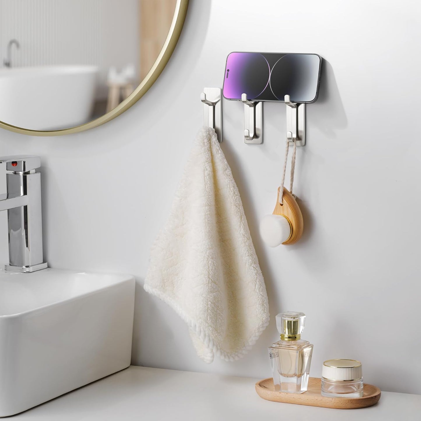 Pickpiff Wall Hooks - 13LB Strong Adhesive Coat & Towel Hangers | Brushed Nickel 6 Pack