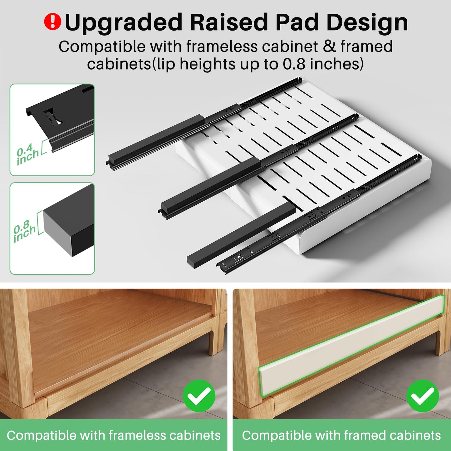 Pull out Cabinet Organizer, 2-pack, Expandable(12"-20") Heavy Duty Slide out Drawers Fixed with Adhesive Nano Film for Pots, Roll out Shelf Storage for Kitchen Base Cabinet Organization(3 Rails)