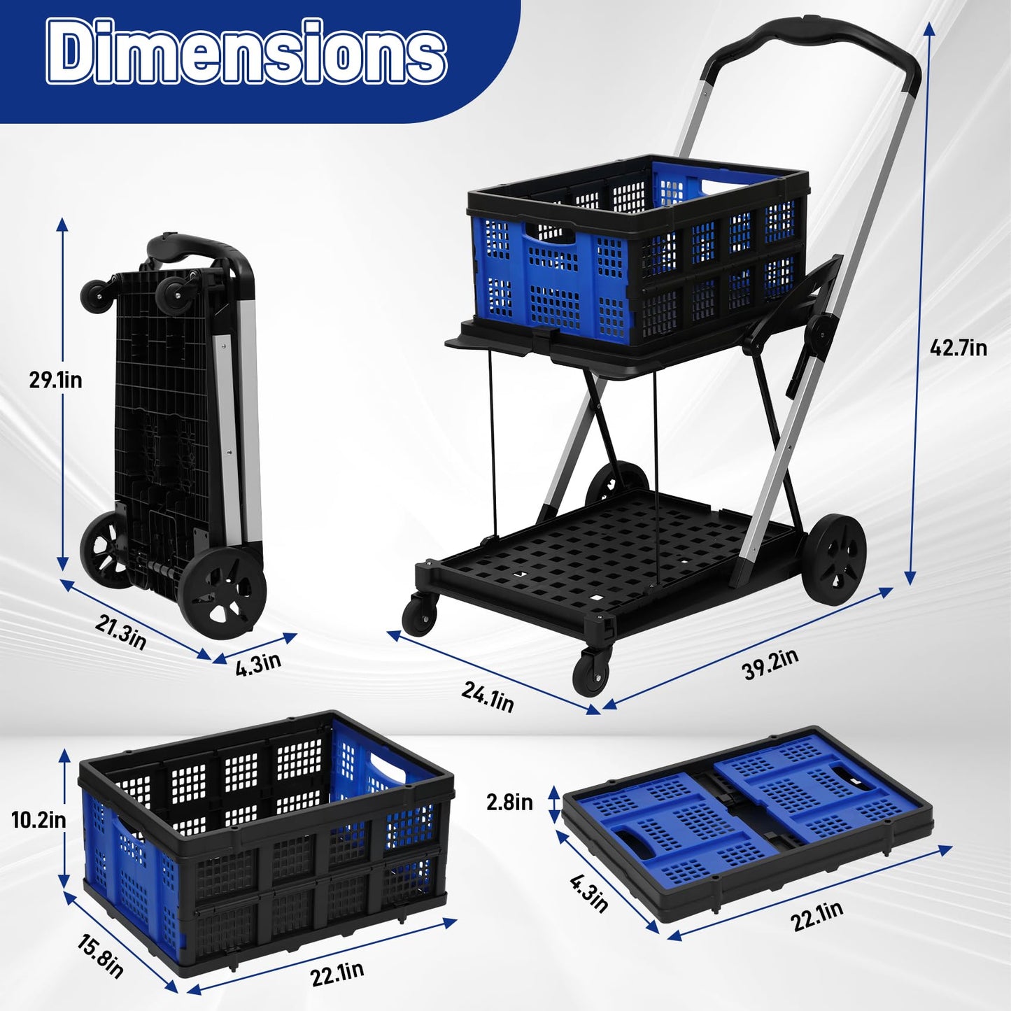 Collapsible Shopping Cart with 2 Bins Grocery Cart on Wheels Multi Use Two Tier Folding Cart for Farmers Market,Kitchen,Grocery Shop