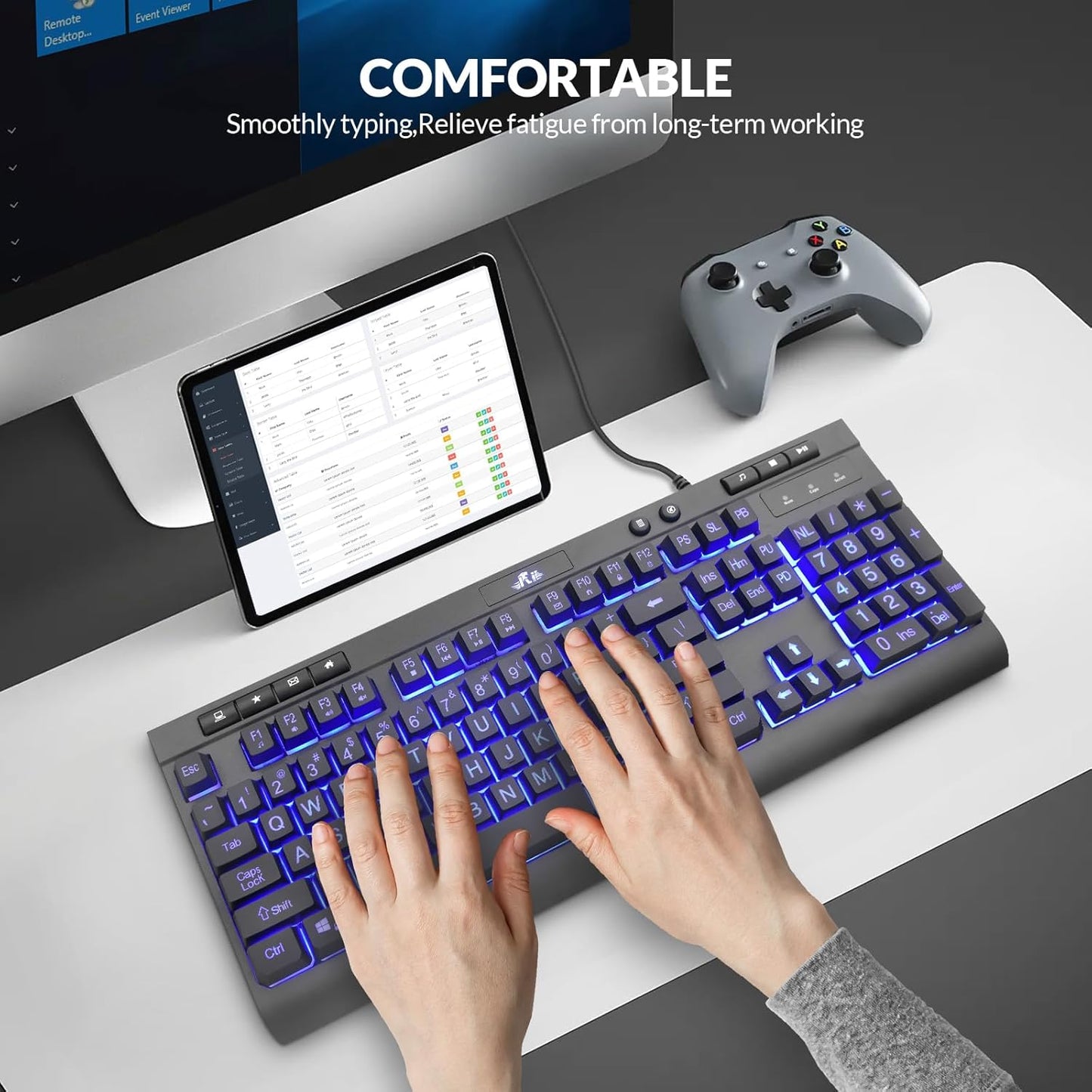 Rii RK900Pro Large Print Backlit Keyboard,Wired USB Full Size Computer Keyboard with Blue Backlight, Compatible