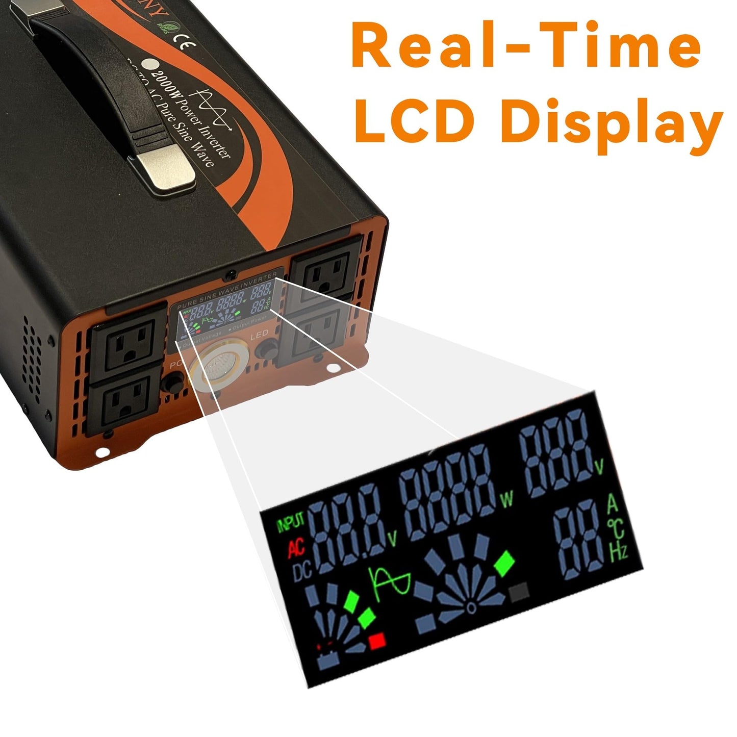 KRXNY 2000W Power Inverter Converter 24V DC to 110V 120V AC Pure Sine Wave LCD Display for Car Truck RV Camping Off Grid Home Solar System with Handle