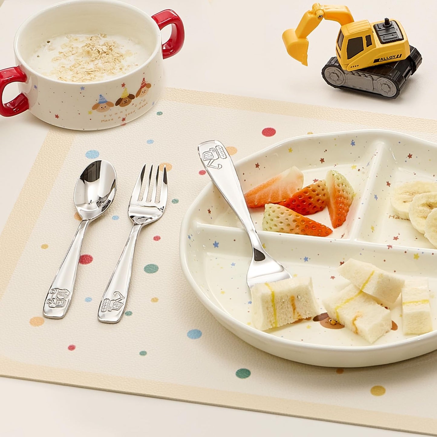 KINGSTONE Toddler Utensils Set with Case, 18/10 Stainless Steel Kids Silverware - Small Fork & Spoon, Construction Vehicle, Digger & Dump Truck Food-Grade Toddler Dishes, Dishwasher Safe
