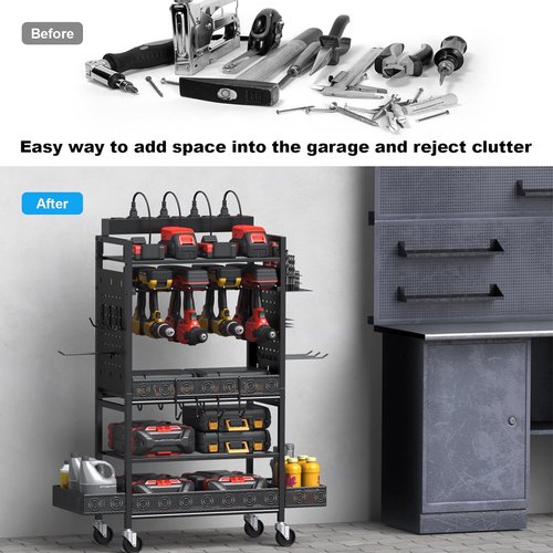 CCCEI Garage Power Tools Organizer Cart - Rolling Tool Storage with Charging Station | Black, Floor Standing