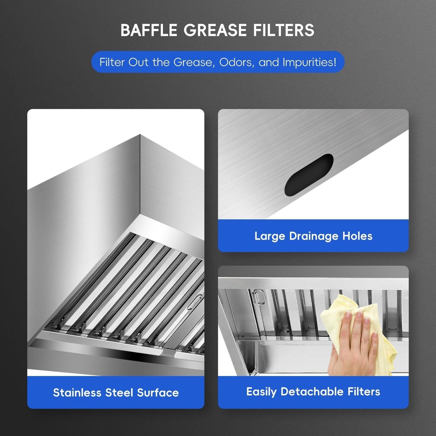 7FT Stainless Steel Commercial Exhaust Hood with 3 Removable u-Shaped Oil Filter Mesh, Rust-Resistant Ventilation Hood for Food Truck, Concession Trailer, and Restaurant Kitchen