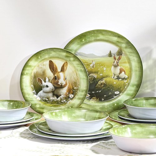 Green Bunny 12-Piece Melamine Dinnerware Set - Lightweight, Shatterproof Plates & Bowls for 4 | Ideal for Picnics & Outdoor Parties