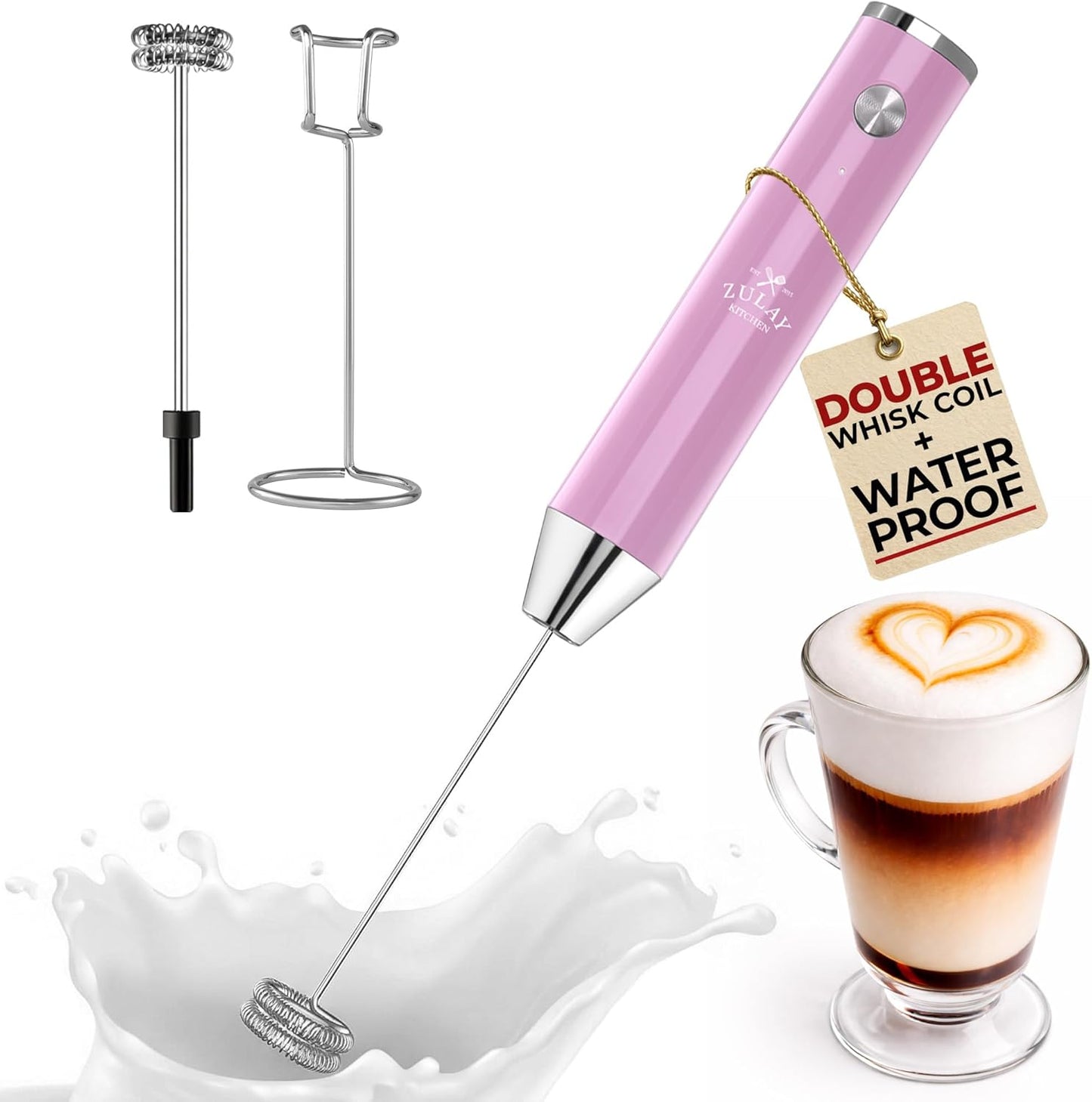 Zulay Kitchen Rechargeable Milk Frother - Powerful 2-Speed Motor, Waterproof, 2000mAh Battery | Pink Bubblegum Drink Mixer for Latte, Cappuccino & Matcha