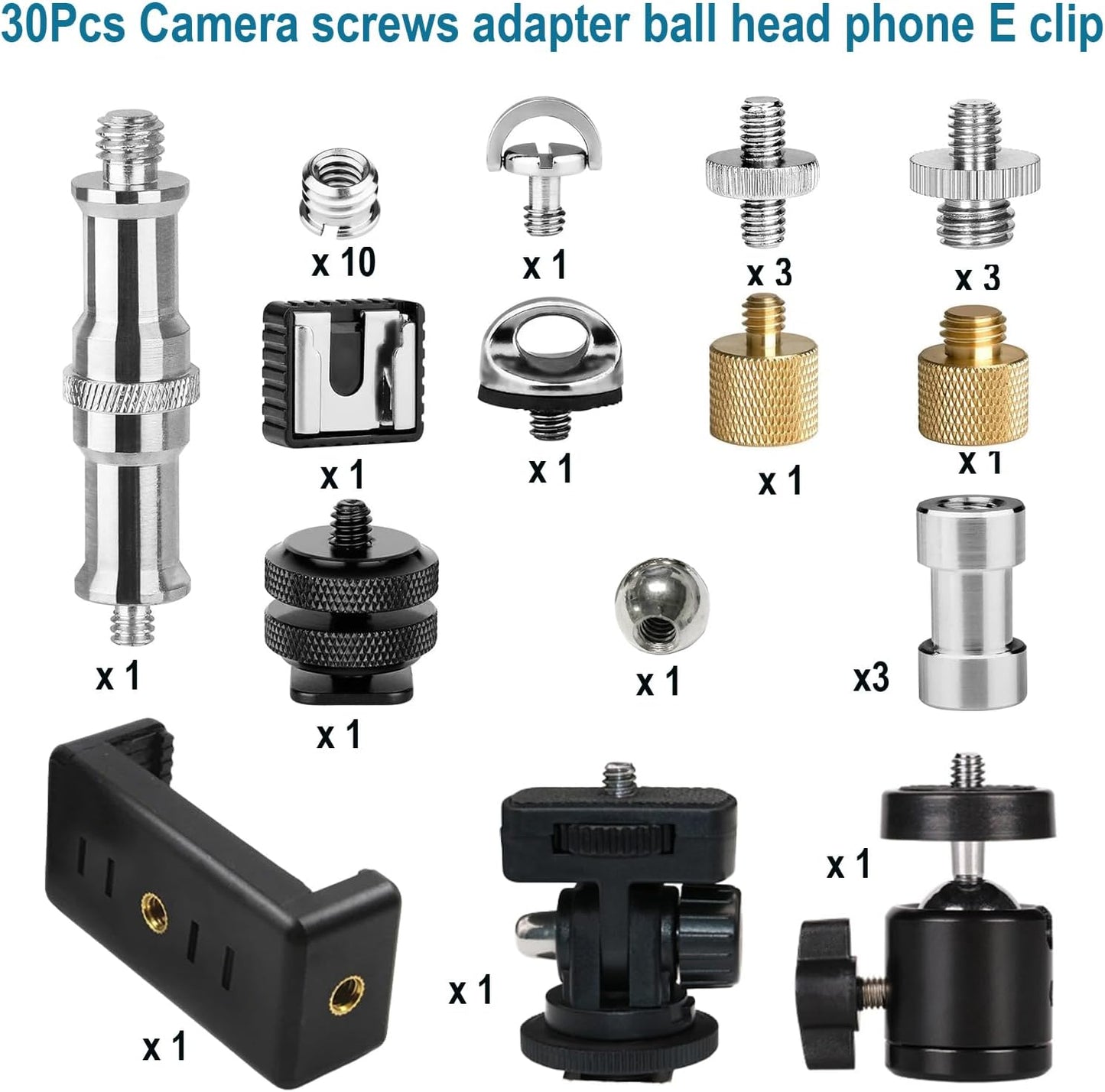 30Pack 1/4 3/8 Inch 1/4" Camera Tripod Screw Mount Kit to Adapter Threaded Converter Swivel Ball Head and Hot Shoe E