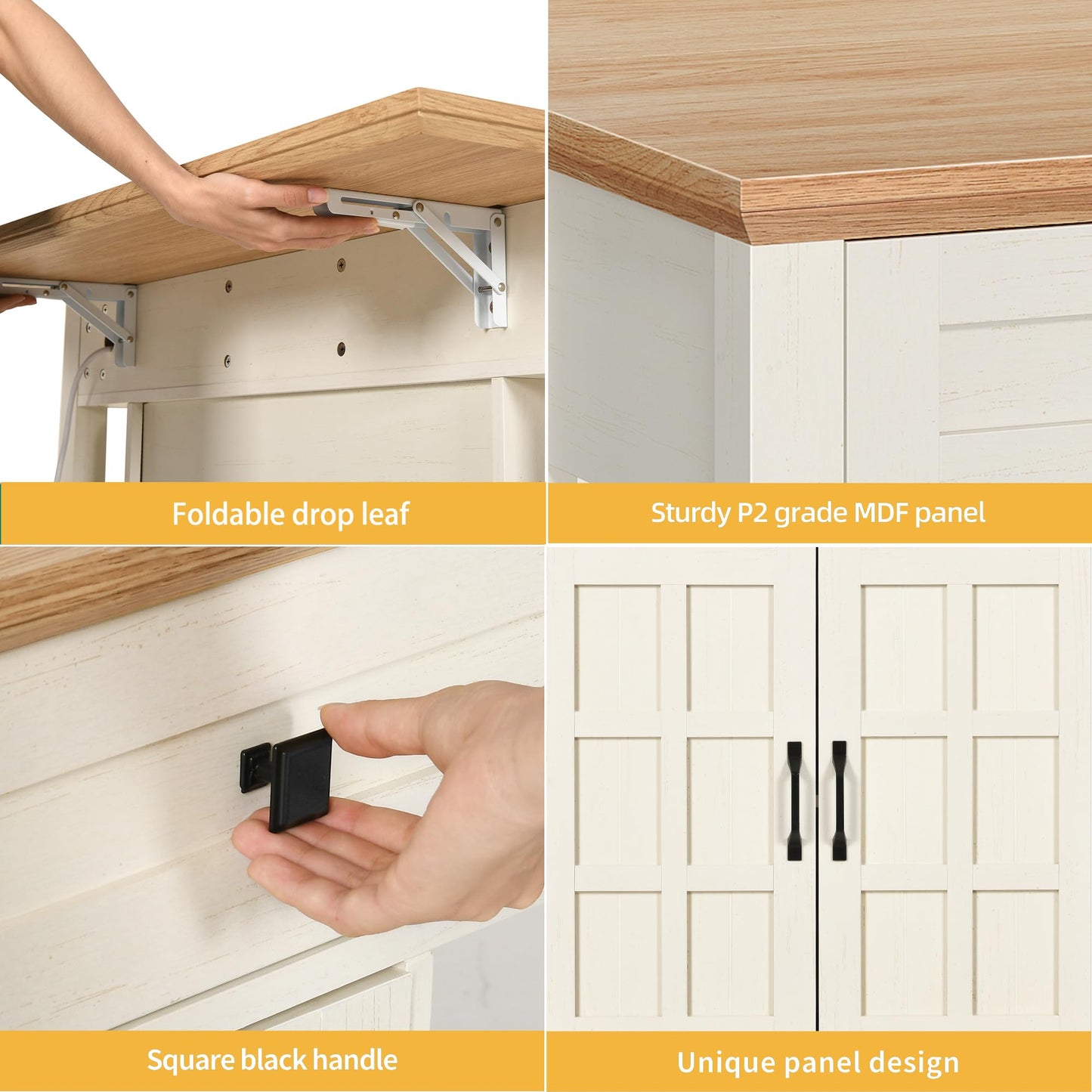 DWVO Rolling Kitchen Island with Drop Leaf, Mobile Storage Islands with Power Outlet Foldable Tabletop, 2 Drawers and Open Shelves, for Living Room, Dining Room, Off White