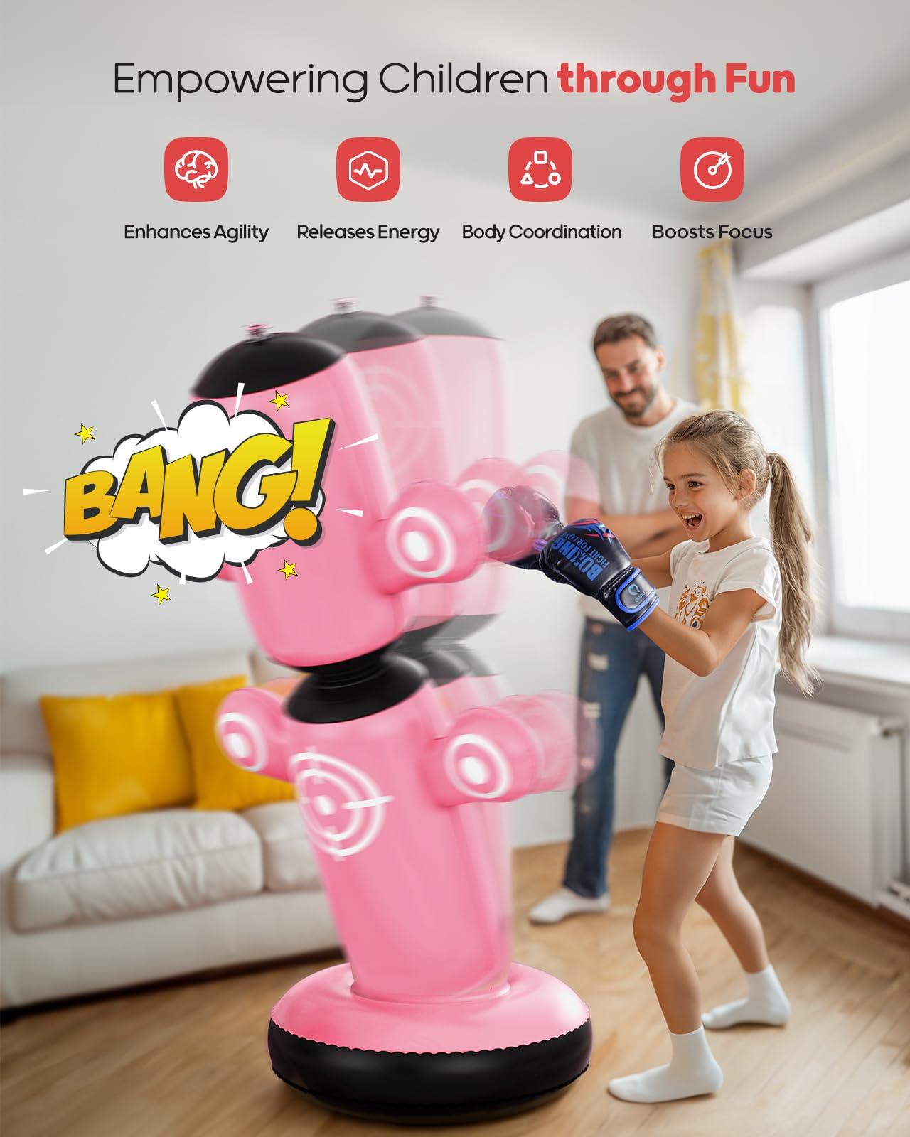 QPAU 360° Rotatable Punching Bag for Kids, Lager 64” Kids Punching Bag with Gloves, Hand Pump & 6 Targets, Bop Bag Inflatable Punching Toy, Karate Gifts for Boys, Girls (Pink)