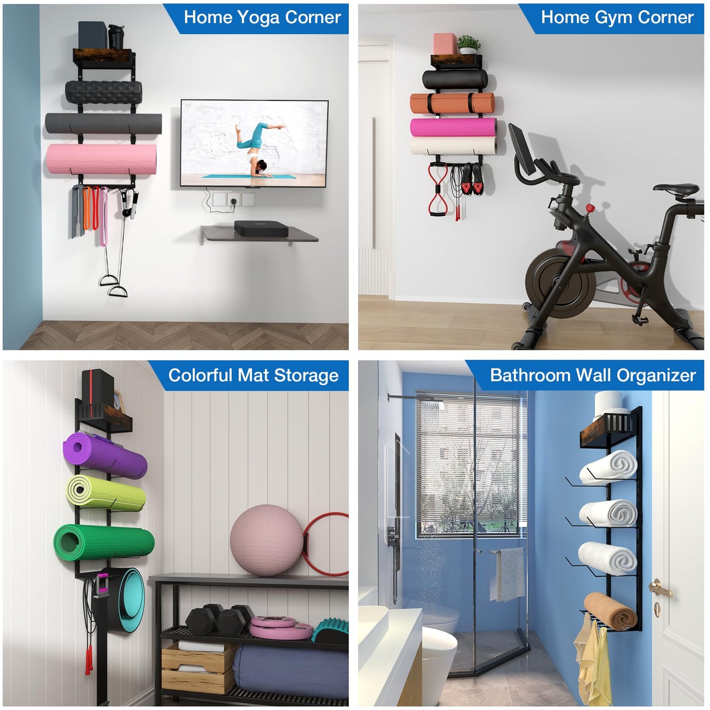 Yoga Mat Holder Wall Mount - Tool-free Adjustable Yoga Mat Rack Shelf, All-in-one Foam Roller Holder for Resistance Bands & Blocks, Space-saving Home Gym Organizer for Small Space Training Storage