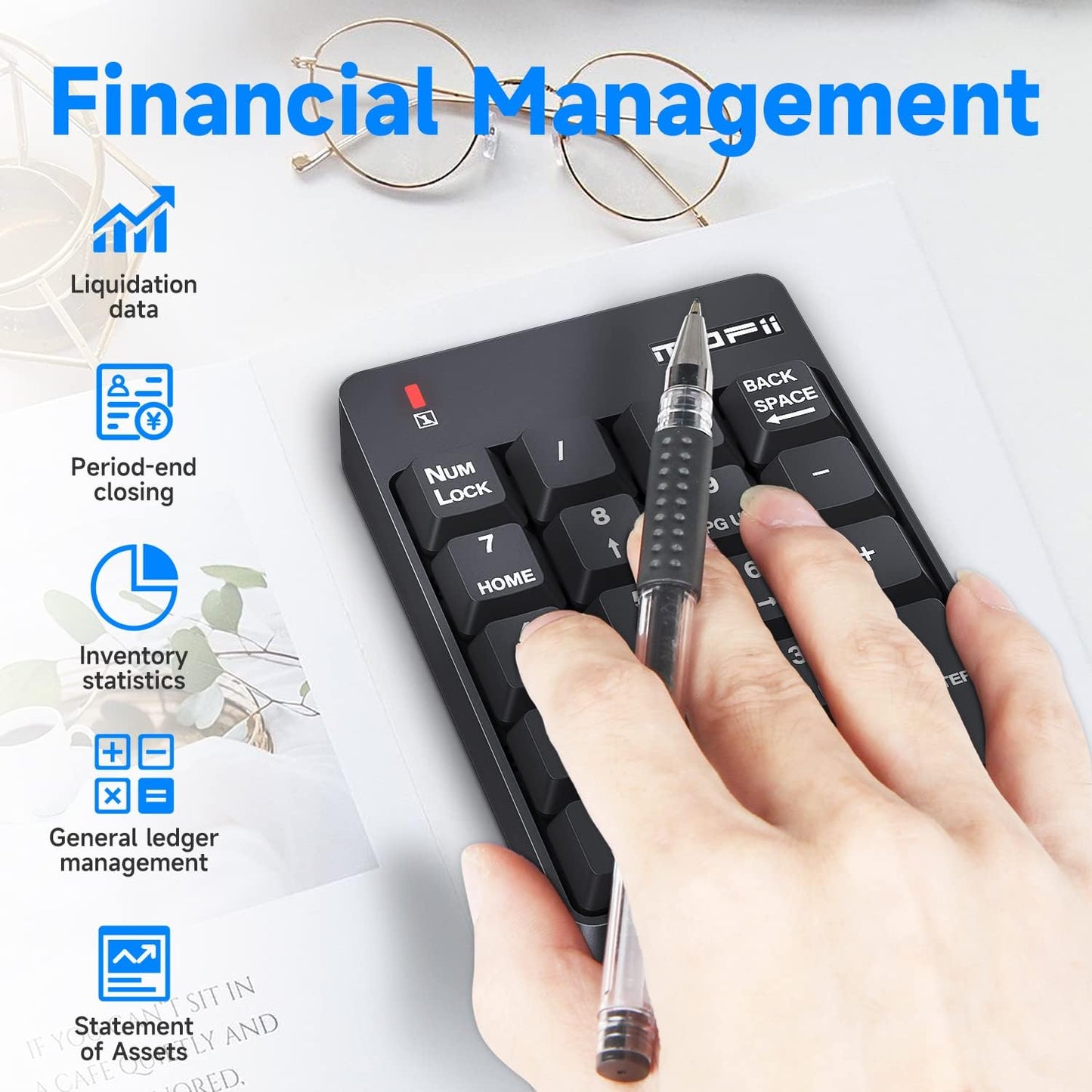 MOFII 2.4G 19 Accounting 10 Number Pad - Black Wireless Numeric Keypad Silent Keys USB Keypads, Portable Financial