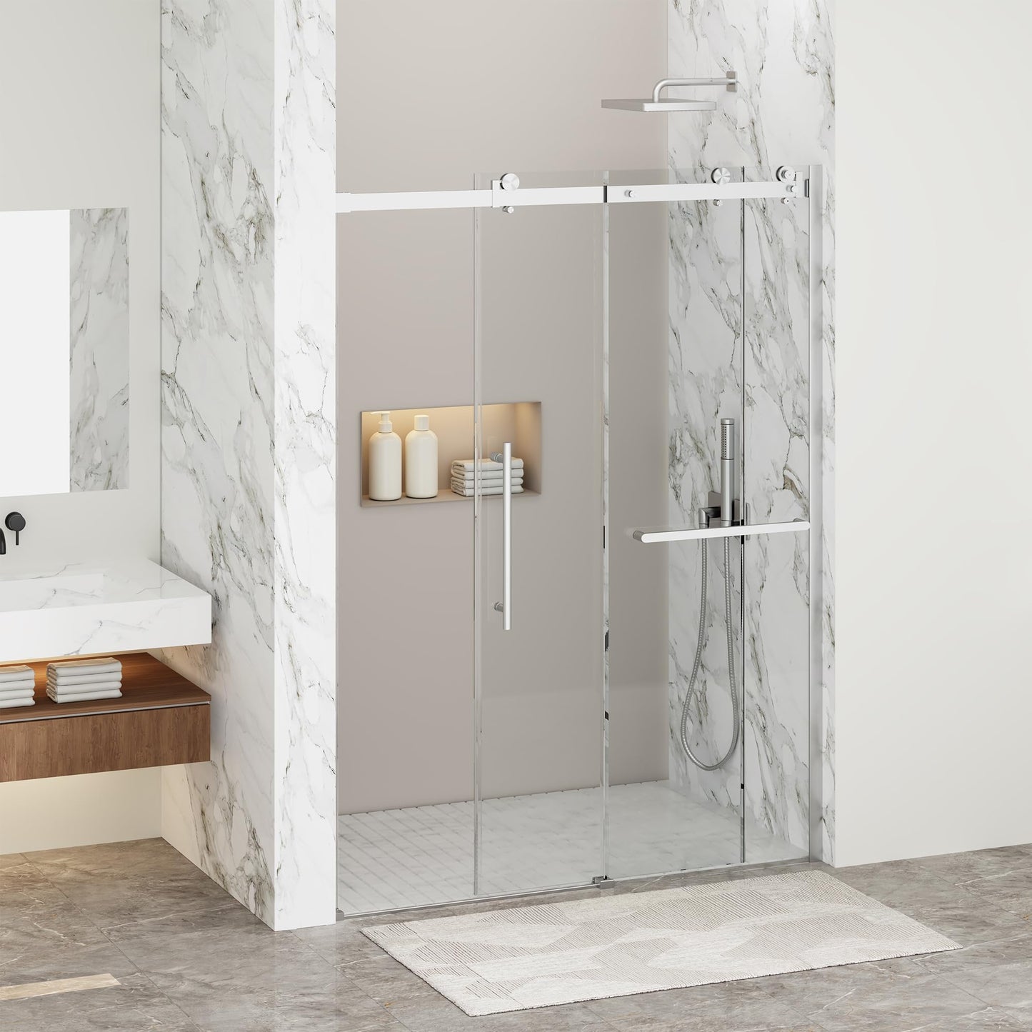 Findepot 44-48" W x 75" H Frameless Sliding Shower Door, Shower Glass Door with 1/4" Thick Tempered Glass, Explosion-Proof Film, Easy to Clean,Brushed Nickel