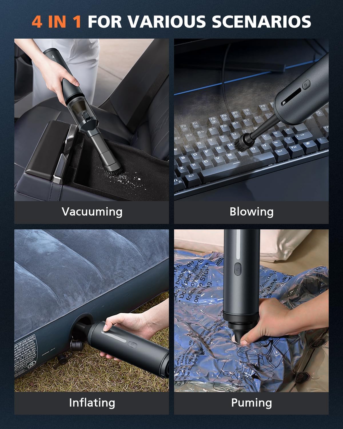 Skiennix Portable Car Vacuum - 16000Pa Powerful Suction | Cordless Handheld 4-in-1 Cleaner (Grey)