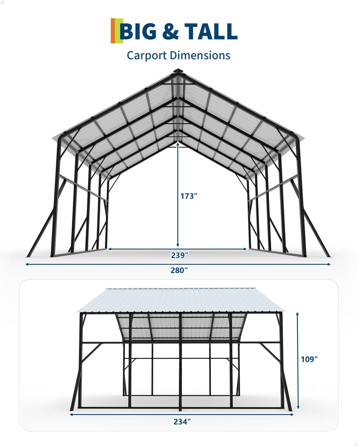 GarveeLife 20x20 ft Vertical Roof Metal Car Port, with 120° Steep-Pitch Roof for Snow Shedding, 173" High-Clearance RV & Tractor Shelter, Heavy-Duty 2 Cars Car Port with Reinforced Frame