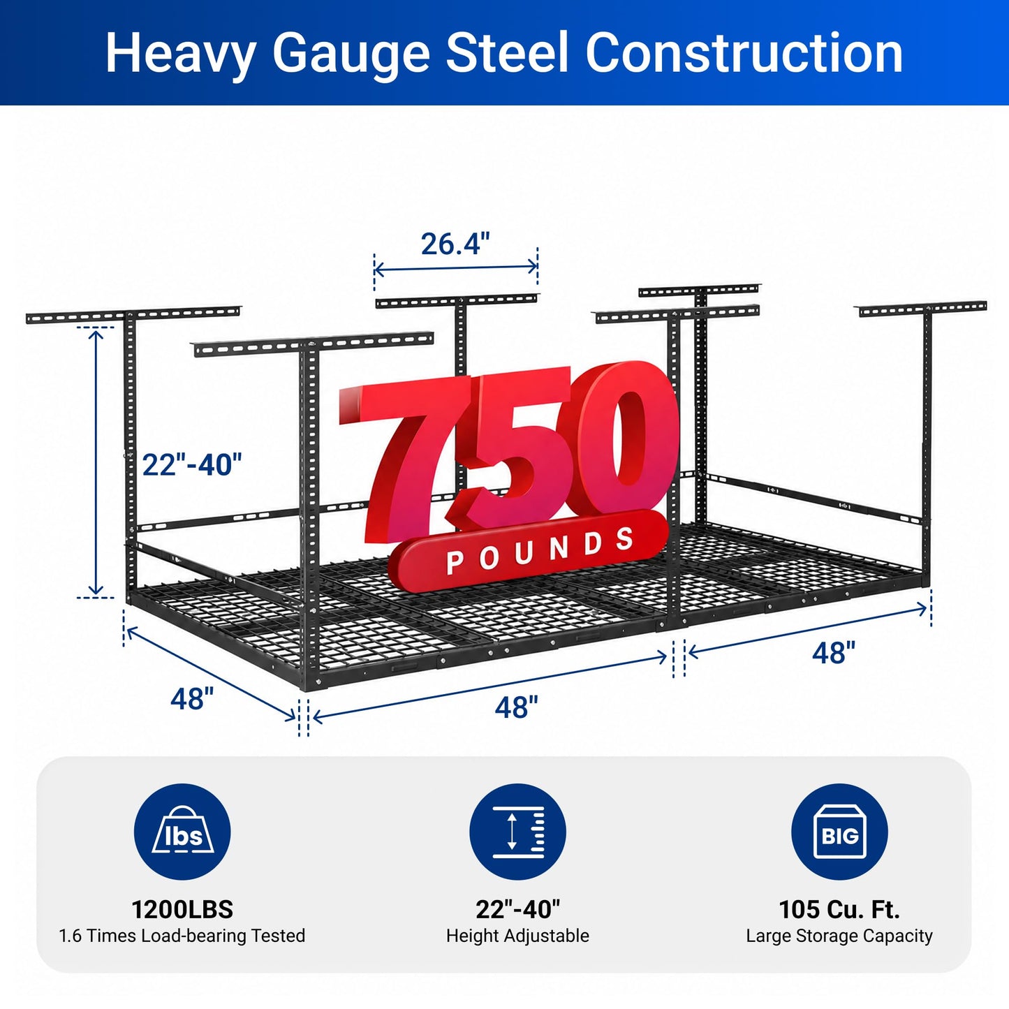 FLEXIMOUNTS 4x8 Overhead Garage Storage Rack with Safety Rails, Adjustable Ceiling Storage System, Heavy Duty Metal Garage Shelf, 750 lbs Capacity, 22–40" Height, Black, Classic Series