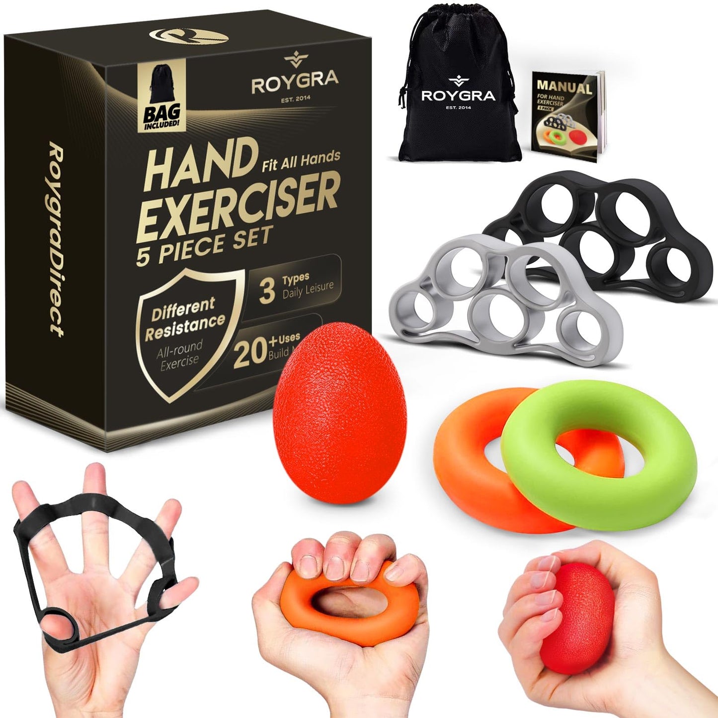 roygra Grip Strength Trainer (5 Pack), Forearm Strengthener, Stress Balls for Adults, Hand Strengthening Devices, Wrist Finger Strengthener, Physical Therapy Exercise Equipment, Golf Baseball Climbing
