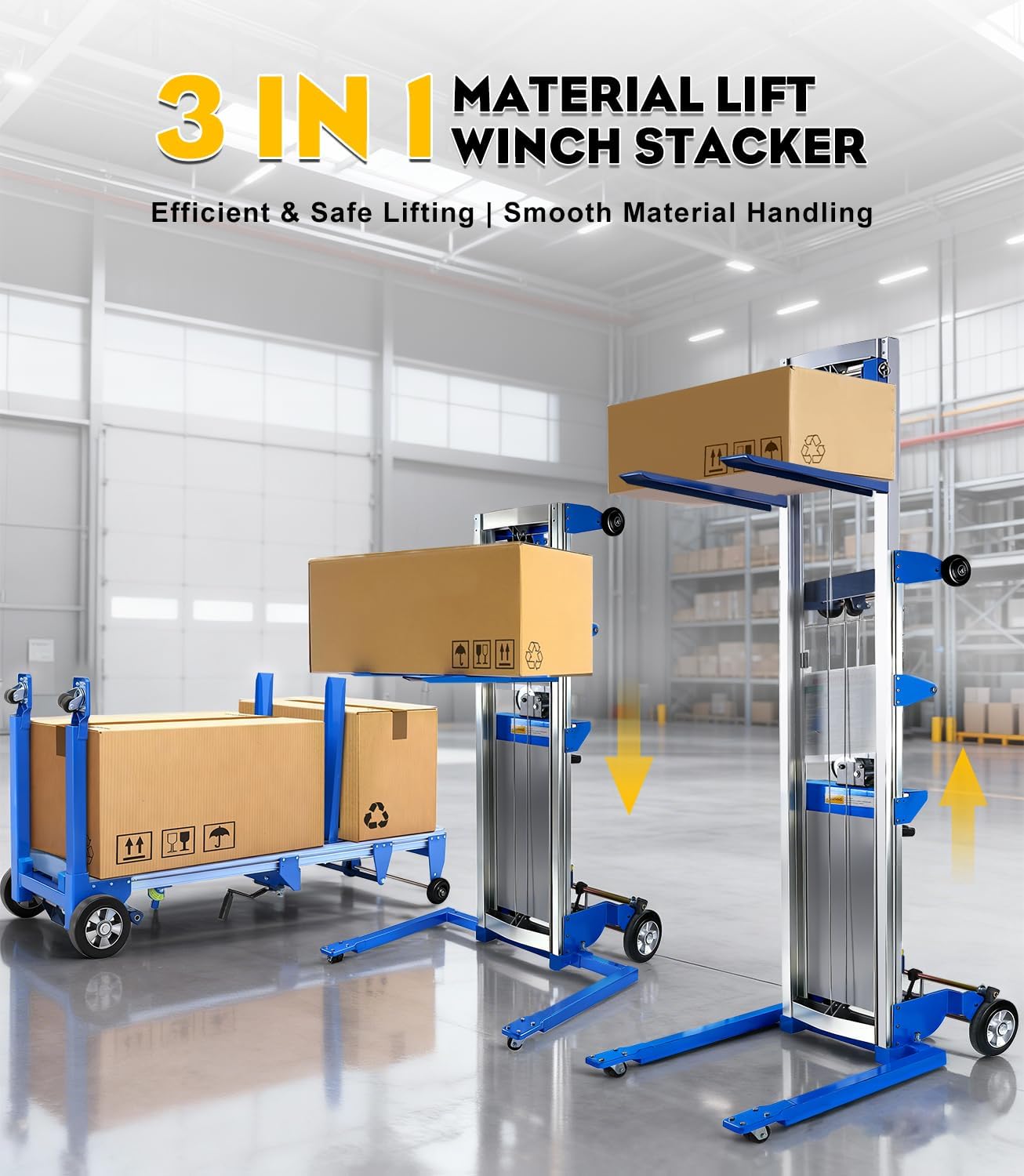 440 lbs Material Lift Winch Stacker, 122" Lift HeightAdjustable Straddle Hand Winch Lift Truck, Material Lifts for Warehouse, Factory, Library, Logistics