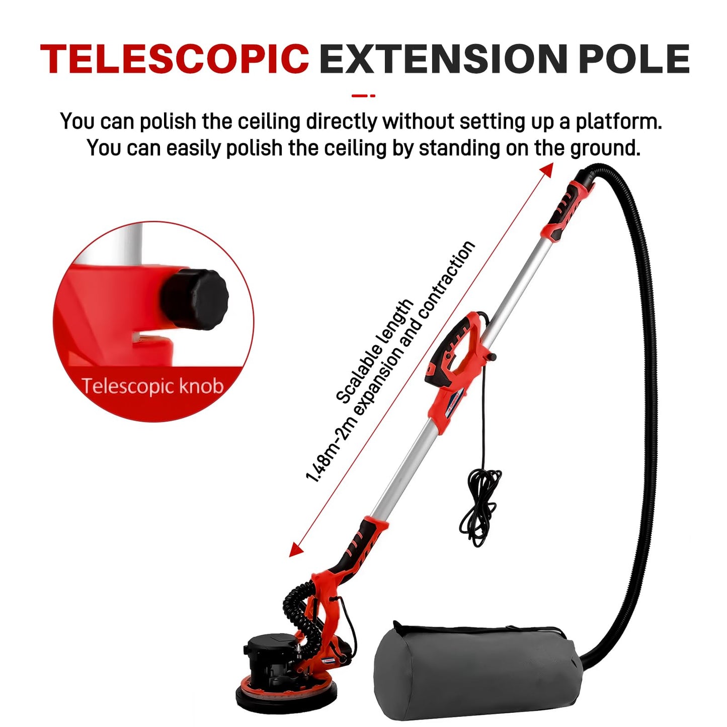 Drywall Sander - Popcorn Ceiling Removal Tool with Vacuum Dust Collector,Foldable,Variable Speed 800-1800RPM,Extendable Handle,LED Light,Sanding Discs,Red