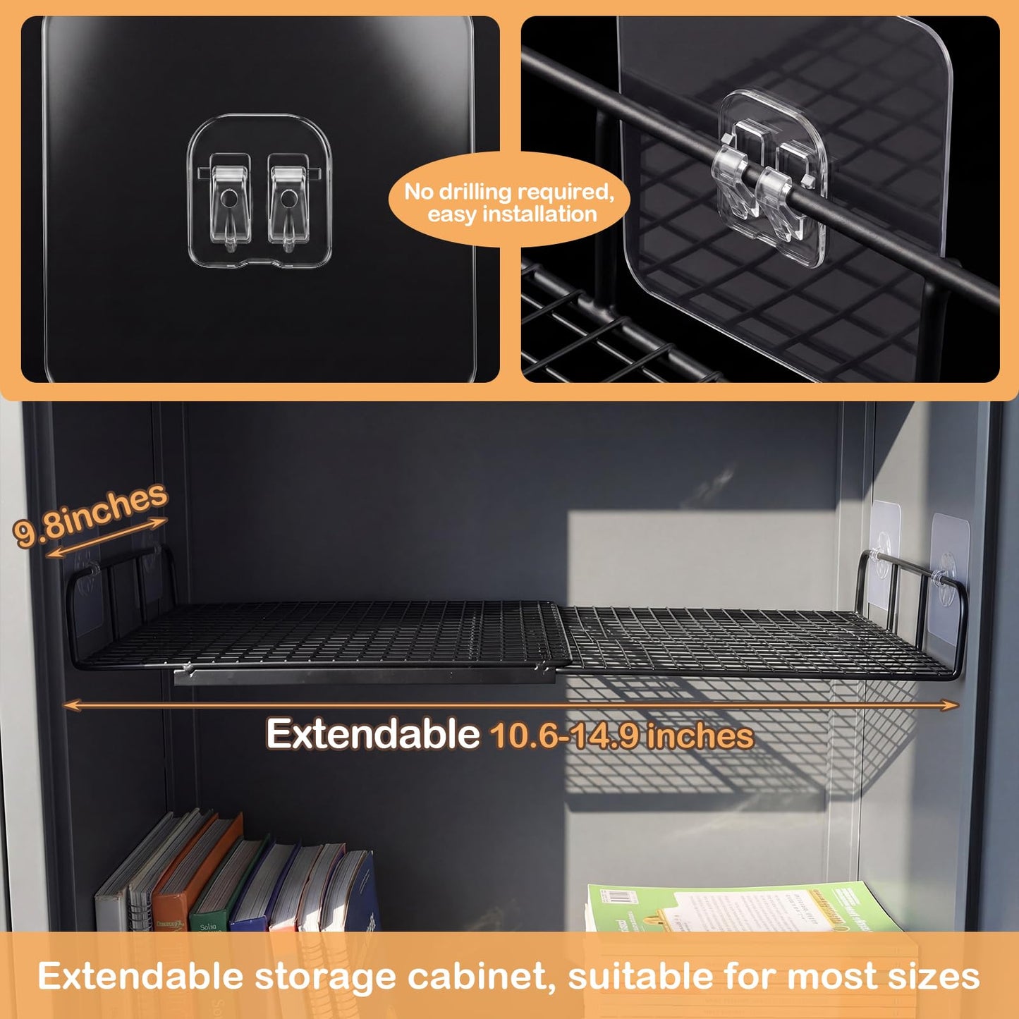 Colarr Adjustable Locker Shelf, Expandable Metal Locker Organizer Shelf 10.6-15 Inch, Heavy Duty Lockers Shelves with Support Adhesive Hooks to Fit School Classroom Office Gym Lockers(Black)