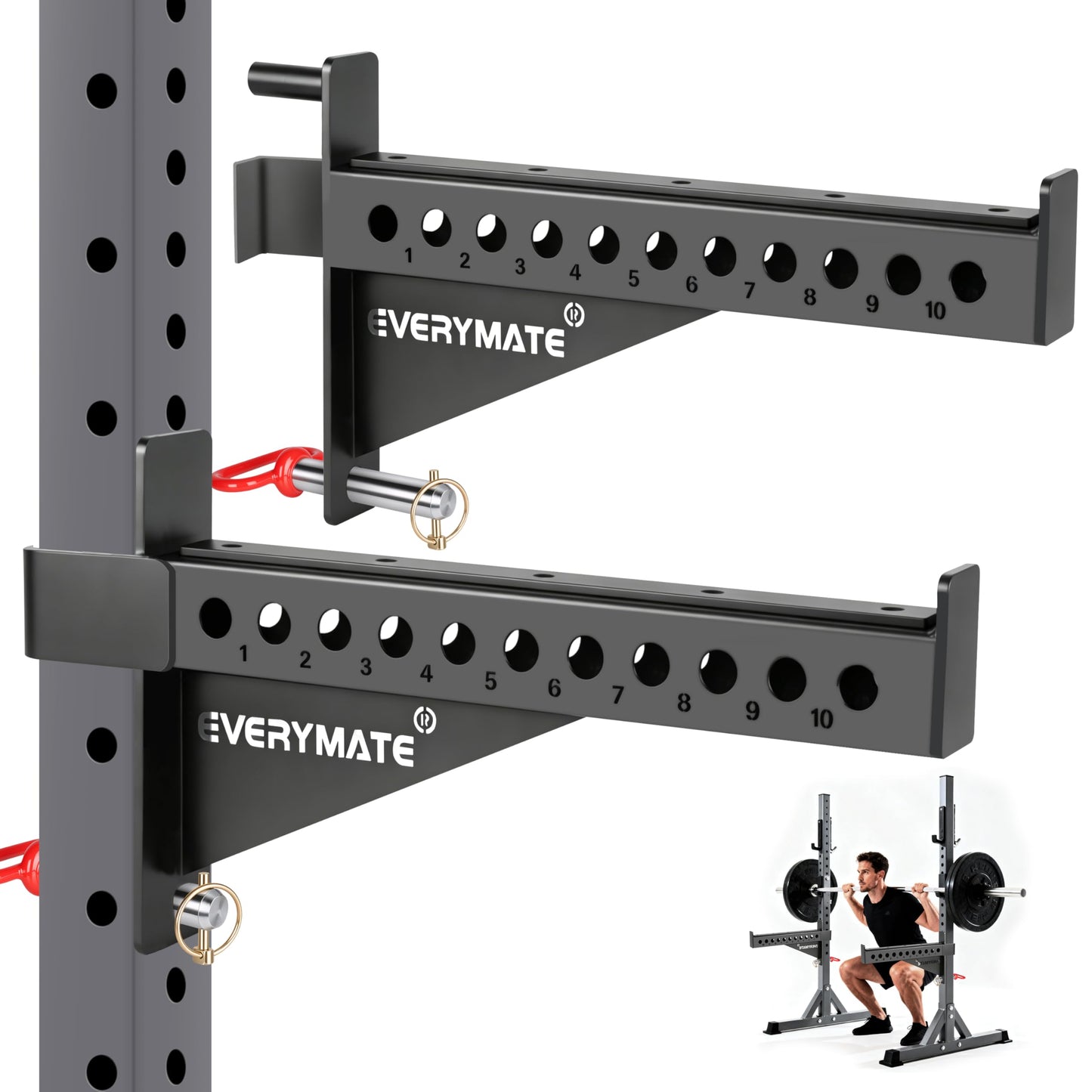 EVERYMATE Safety Spotter Arms, Fits 3"x3" Power Racks with 1" Holes, Heavy Duty 1000LBS Capacity Squat Rack Safety Bars with UHMWPads for Home/Garage Gym Strength Training, Weight is 37LB