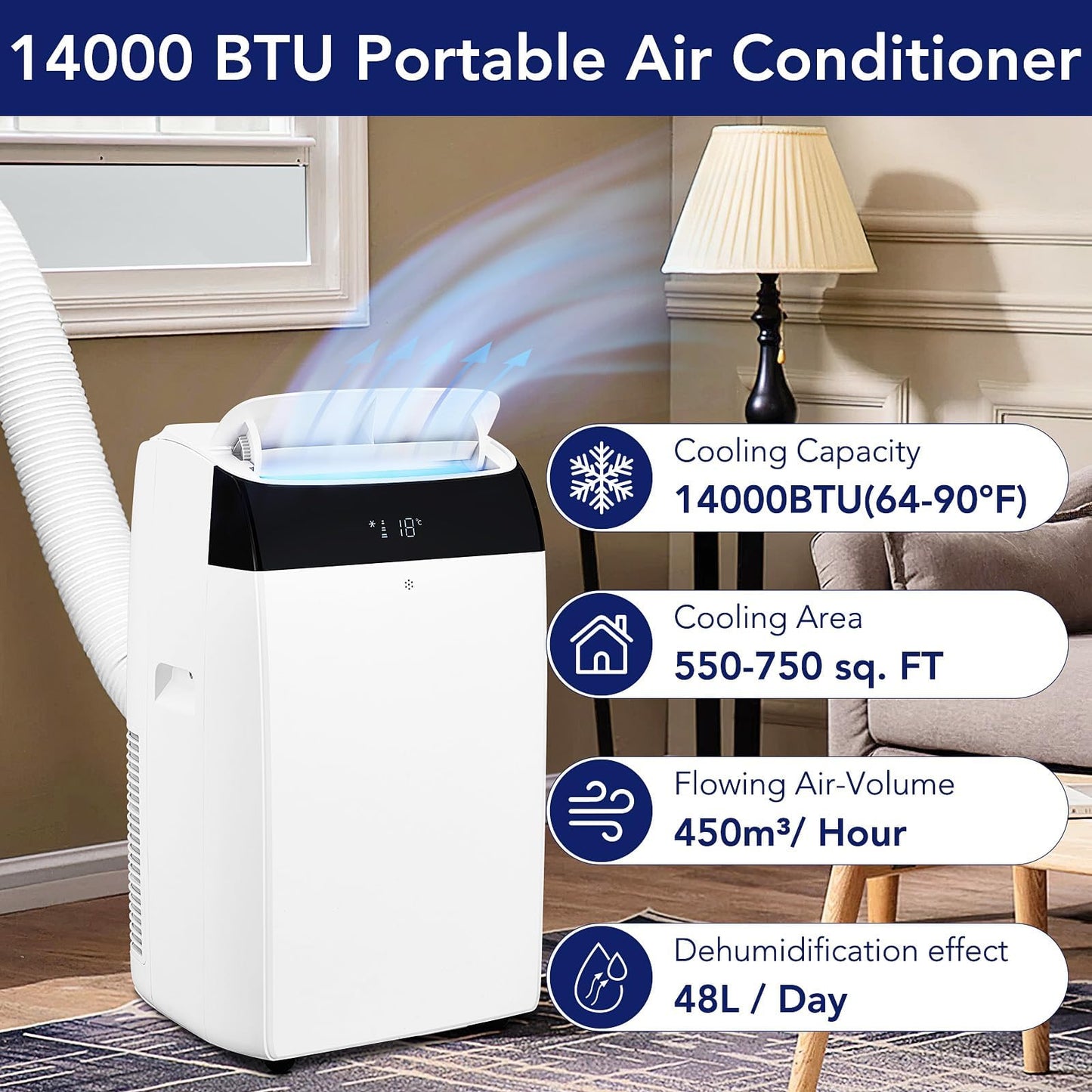 14000 BTU Portable Air Conditioners with Remote Control, 3-in-1 Free Standing Cooling AC Unit with Fan & Dehumidifier, Cools Room up to 750 sq.ft,Sleep Mode,3 Speed,Auto Swing,24H Timer