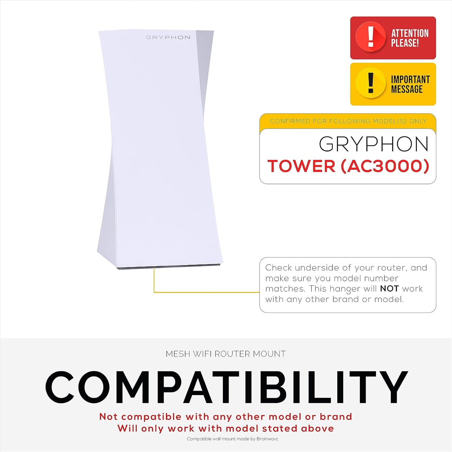 BRAINWAVZ AC3000 Wall Mount for Gryphon Tower Mesh WiFi Router, Easy to Install Holder Bracket, Reduce Interference