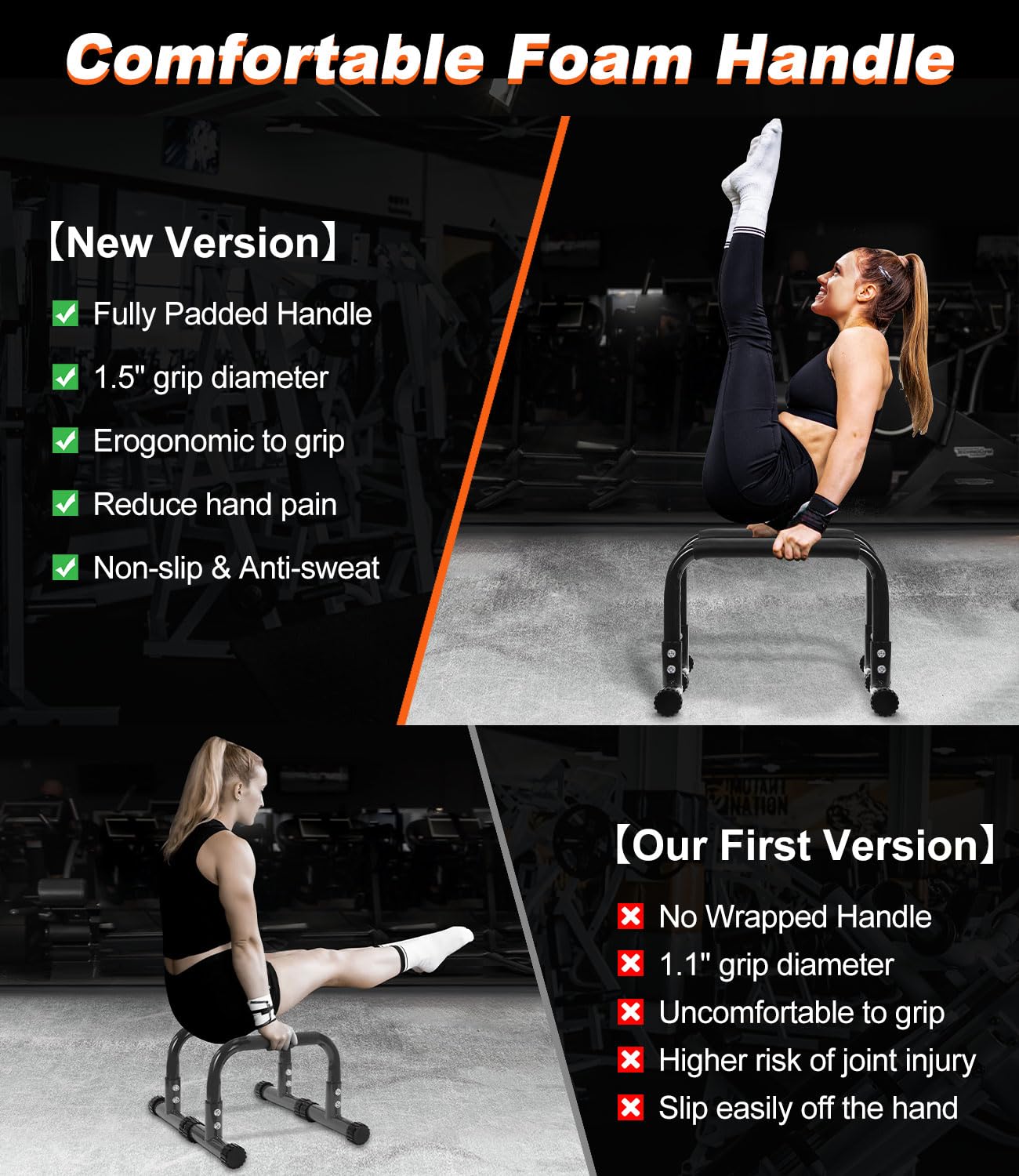 TABEKE Push Up Bar, 12" High Parallettes Bars & Dip Bar With Full-Cover Foam Handles, No Wobbling Calisthenics Equipment For Handstand, L-Sit, Gymnastics, Strength Training Home Gym