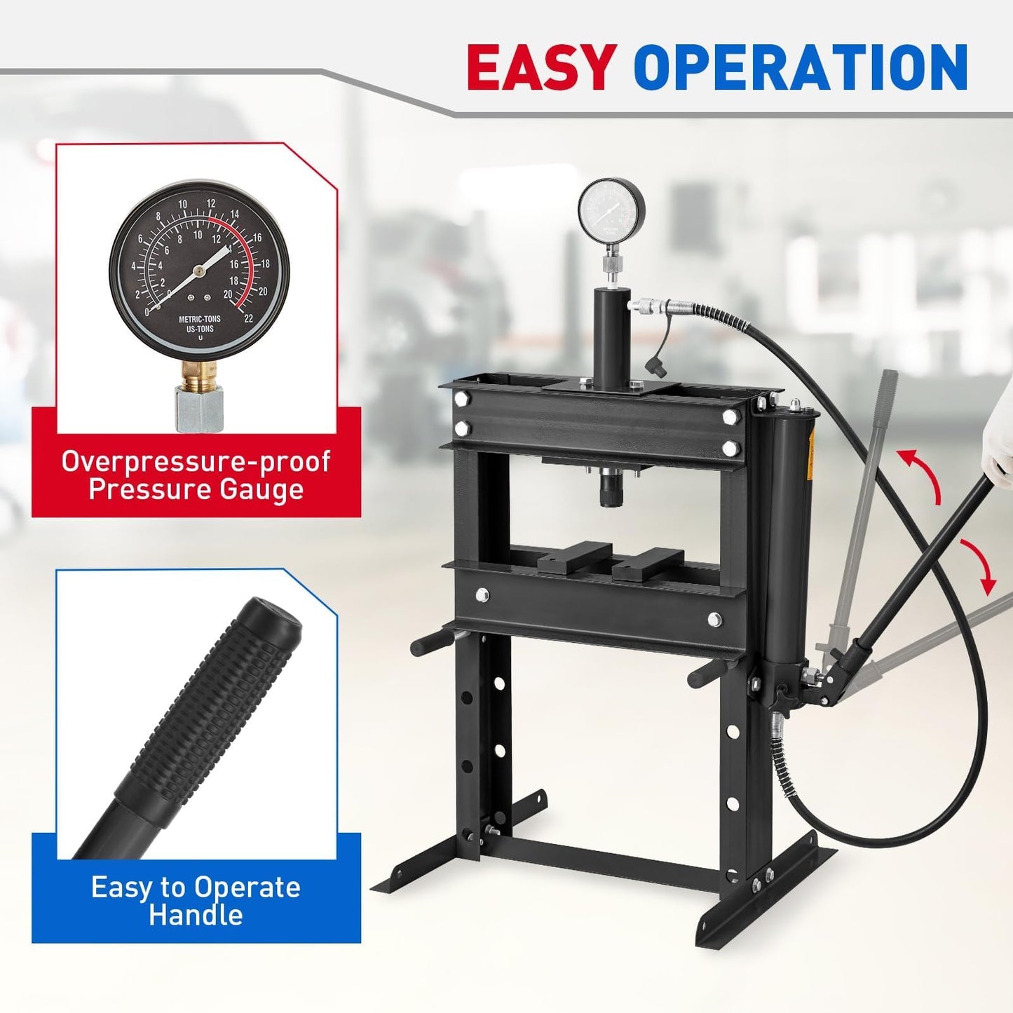 10 Ton Hydraulic Shop Press with Pressure Gauge & Plate, Heavy Duty H-Frame Benchtop Press with Height Adjustable Working Table for Auto Repair, Metalworking, Manufacturing, Black
