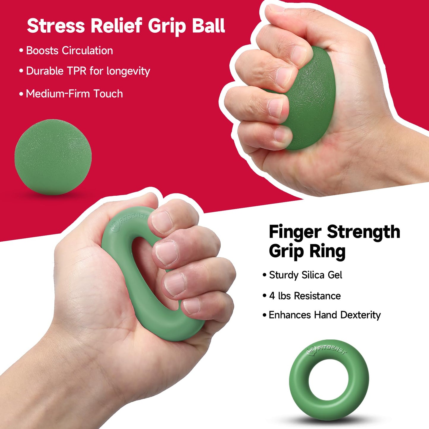 FitBeast Hand Grip Strengthener Workout Kit (5 Pack), 2 Forearm Grip Adjustable Resistance Hand Gripper, Finger Stretcher, Grip Ring & Stress Relief Grip Ball for Athletes, Dark Green