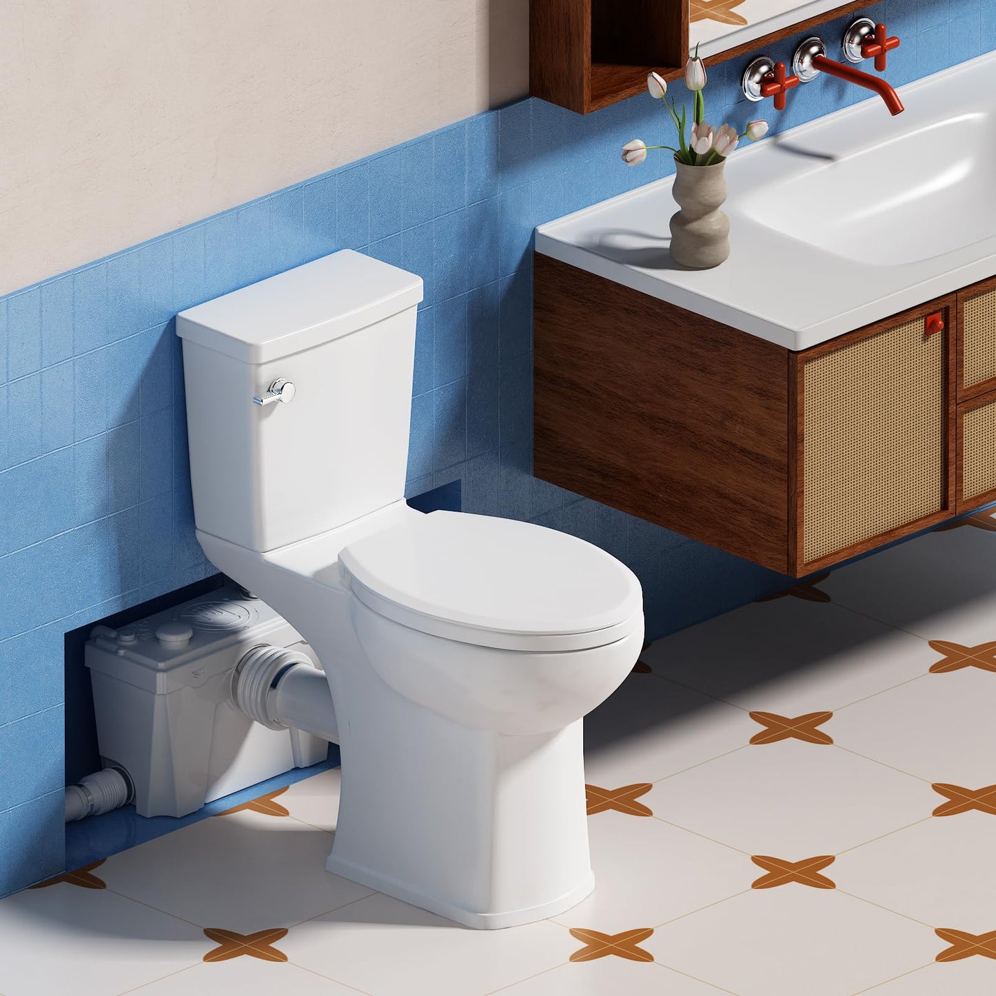 Upflush Macerating Toilet System – 21" ADA Compliant Tall Toilet with Macerator Pump Durable Copper Grinder with 4 Inlets for Basement Kitchen, Shower, Sink & Laundry, Extension Pipe Included