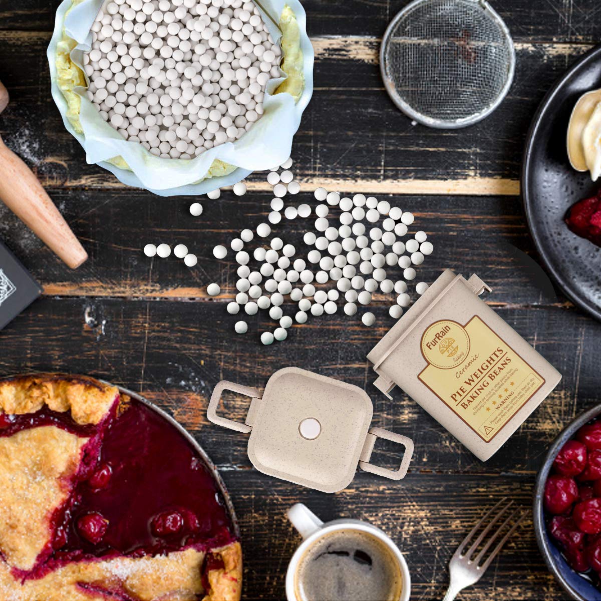 FurRain Ceramic Pie Weights Reusable 10mm Baking Beans Pie Crust Weights Natural Ceramic Stoneware with Wheat Straw Container