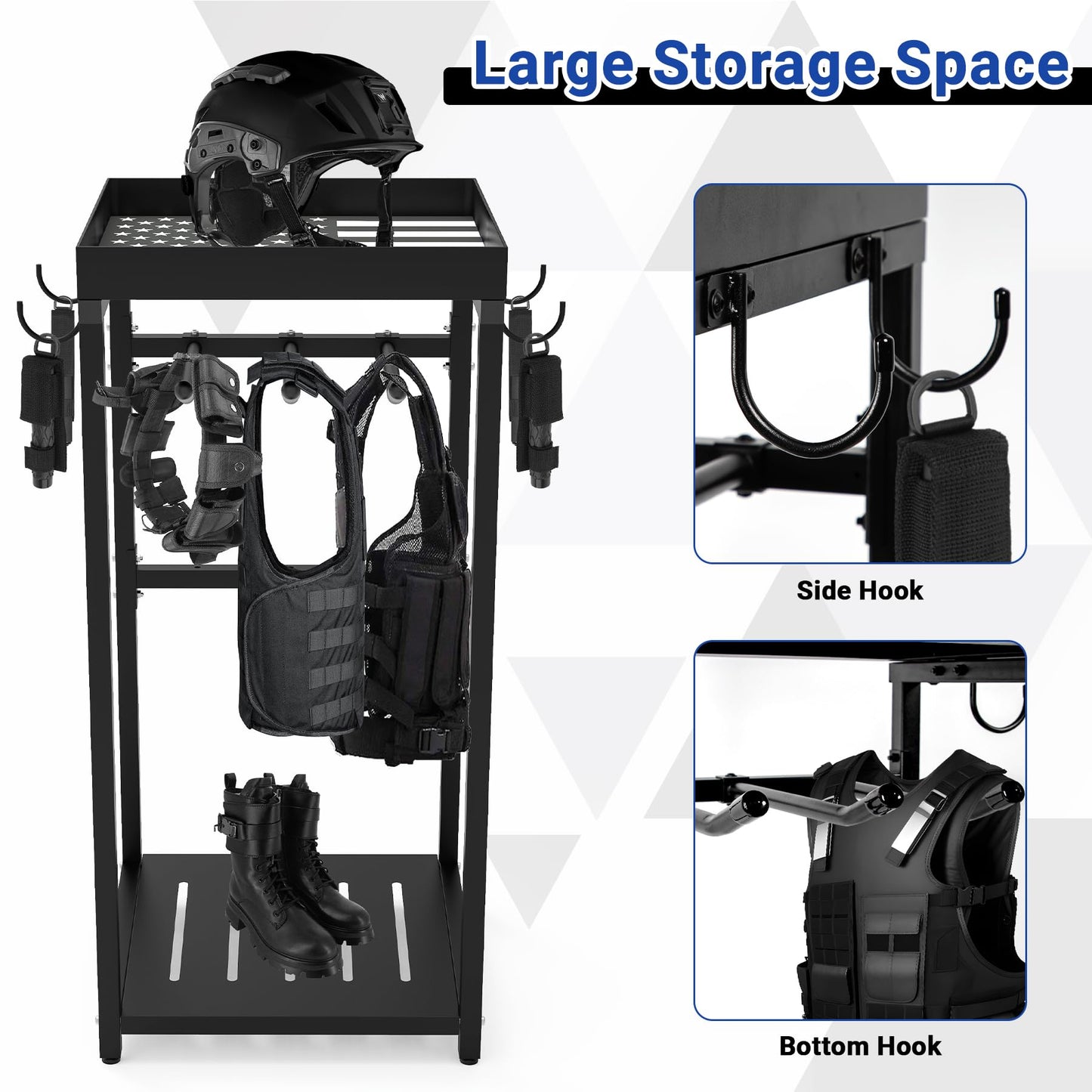 Neoaider Police Gear Stand 18” x 18” x 38”, Tactical Duty Gear Rack Decor with Thin Blue Line Flag, Black Police Hanger with 7 Hooks, Body Armor Stand for Police Gift